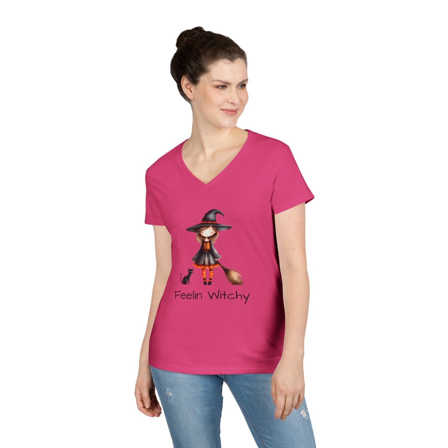 Feelin Witchy Ladies' V-Neck T-Shirt, Cute Halloween Top, Witchy Apparel, Fall Fashion, Casual Tees, Spooky Season Style