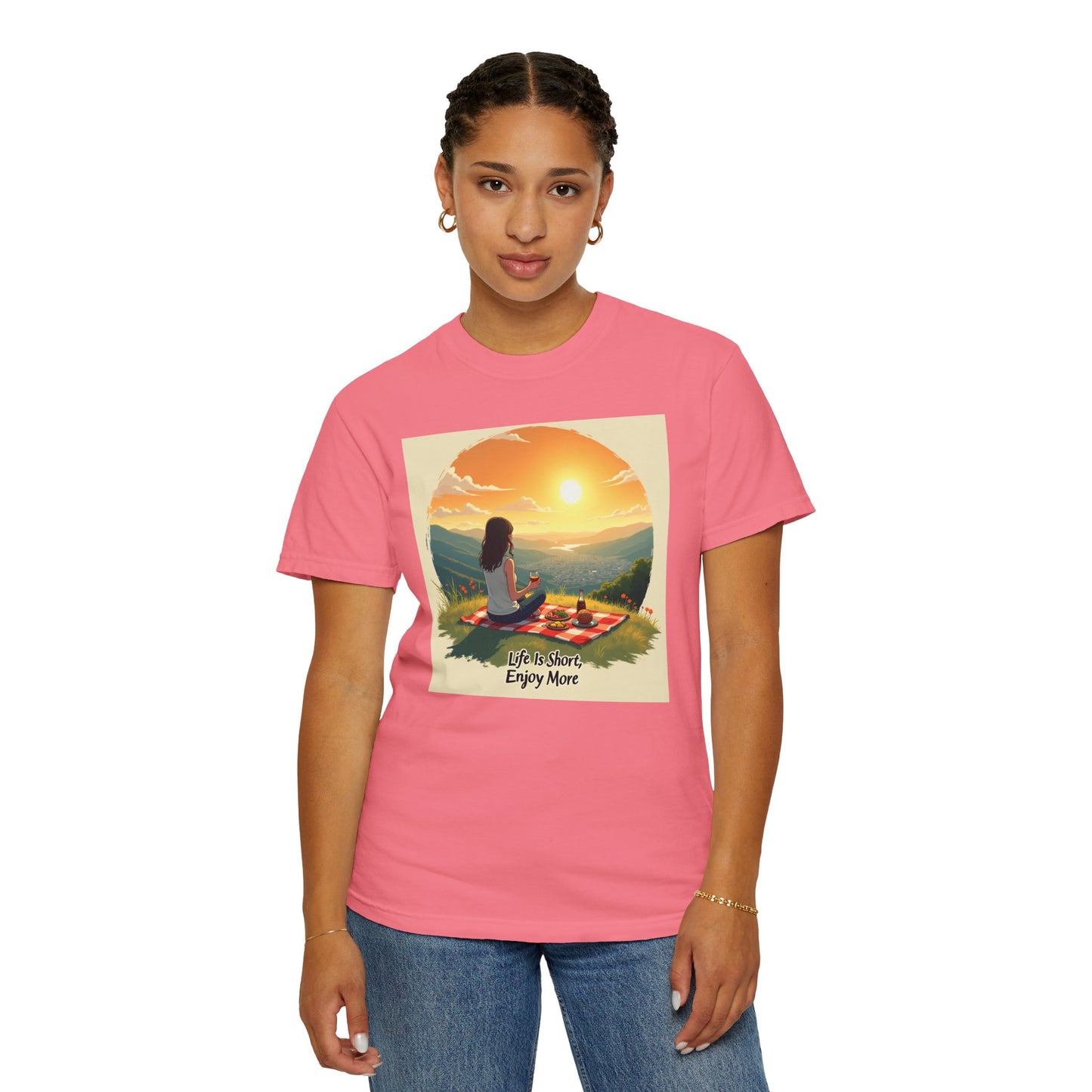 Sunset Meditation T-Shirt | Life is Short Enjoy More Tee, Unisex Cotton Shirt, Relaxation Apparel, Birthday Gift, Mindfulness Clothing