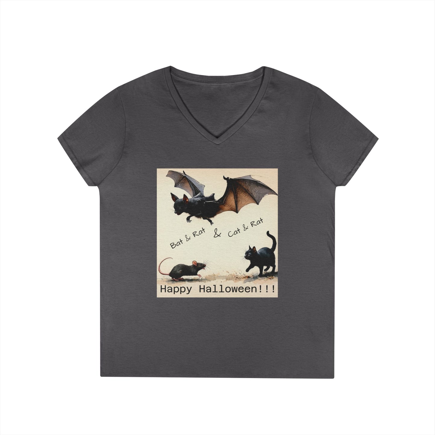Novelty Tee Halloween Cat & Bat V-Neck Tee, Women's Halloween Shirt, Spooky Graphic Tee, Cute Halloween Outfit