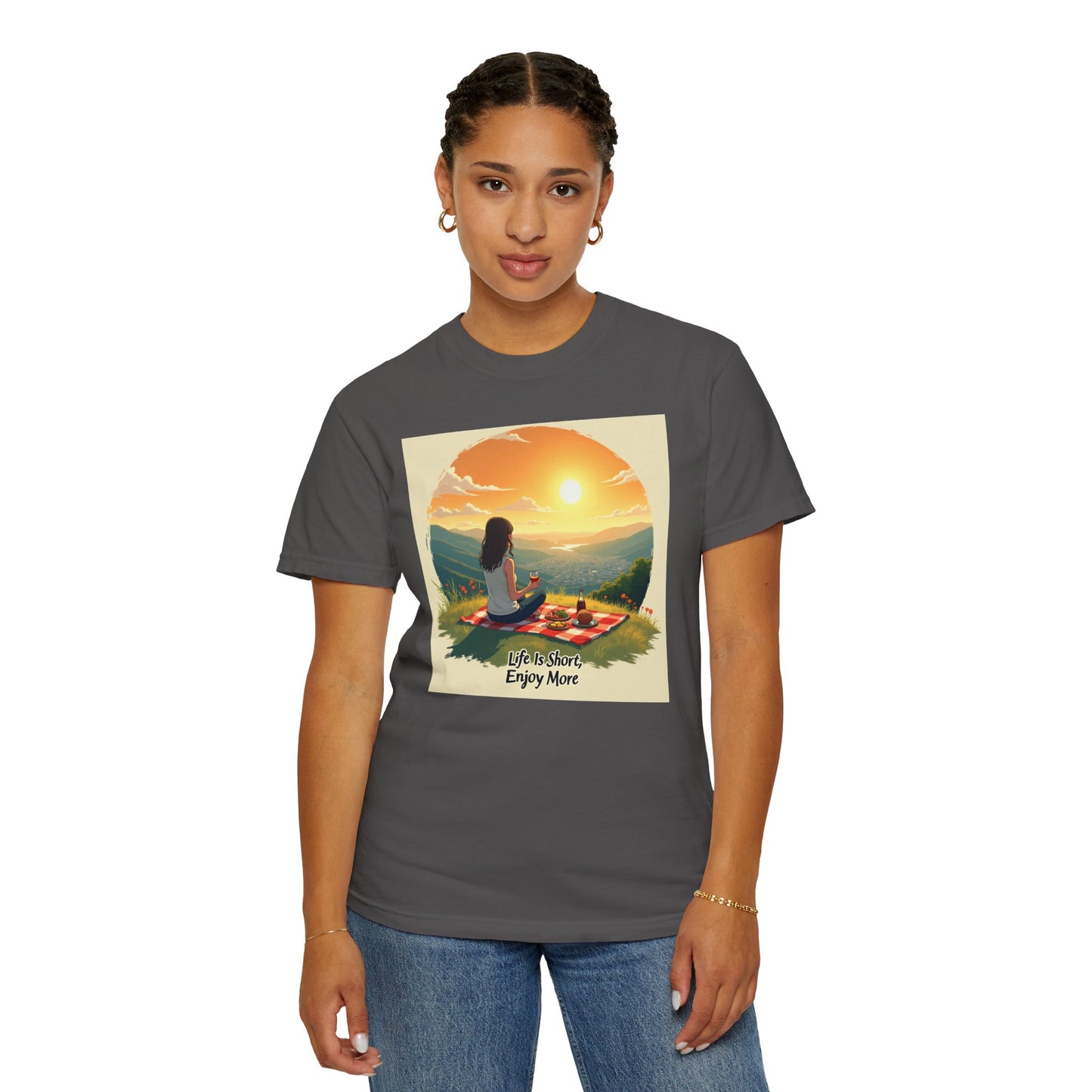 Sunset Meditation T-Shirt | Life is Short Enjoy More Tee, Unisex Cotton Shirt, Relaxation Apparel, Birthday Gift, Mindfulness Clothing
