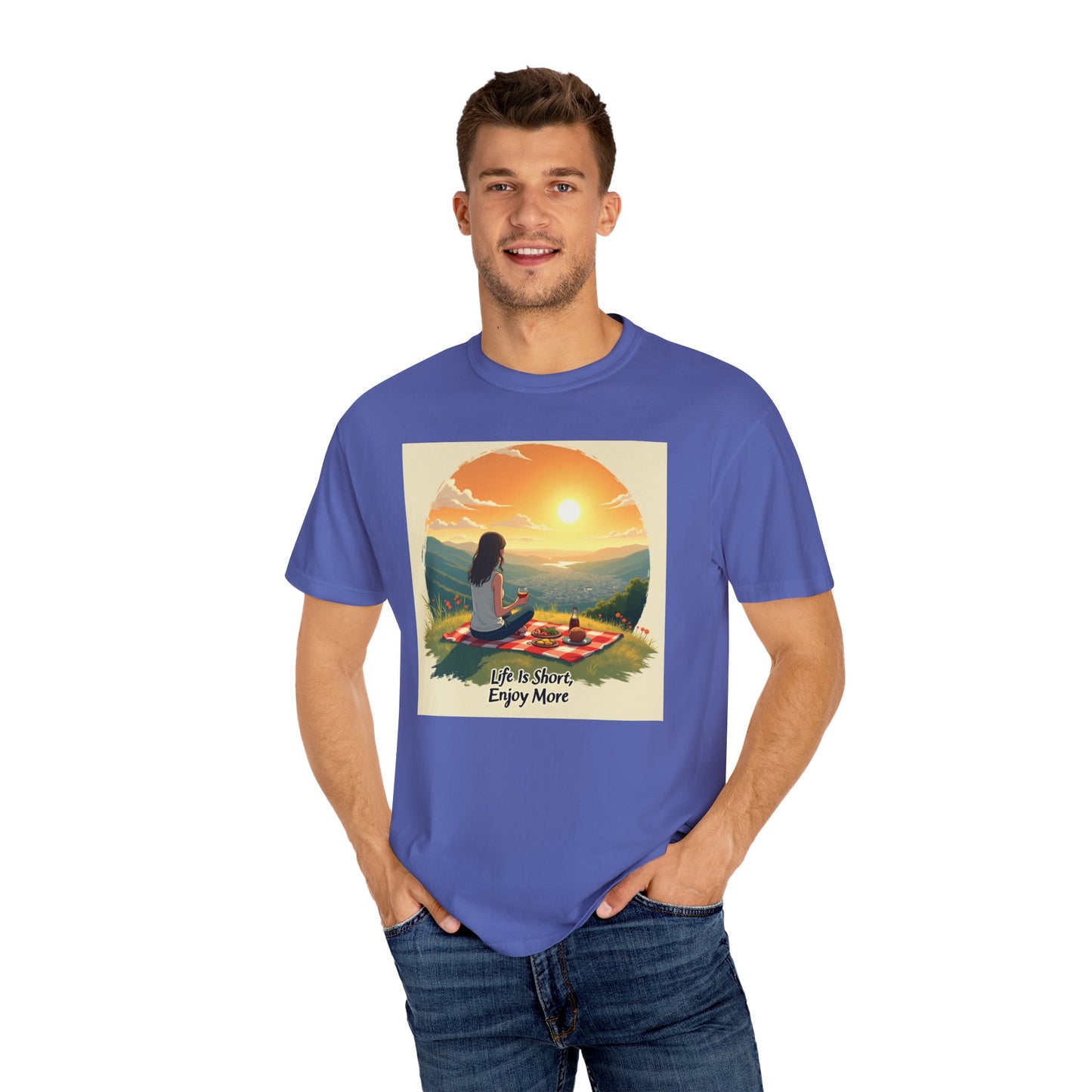 Sunset Meditation T-Shirt | Life is Short Enjoy More Tee, Unisex Cotton Shirt, Relaxation Apparel, Birthday Gift, Mindfulness Clothing
