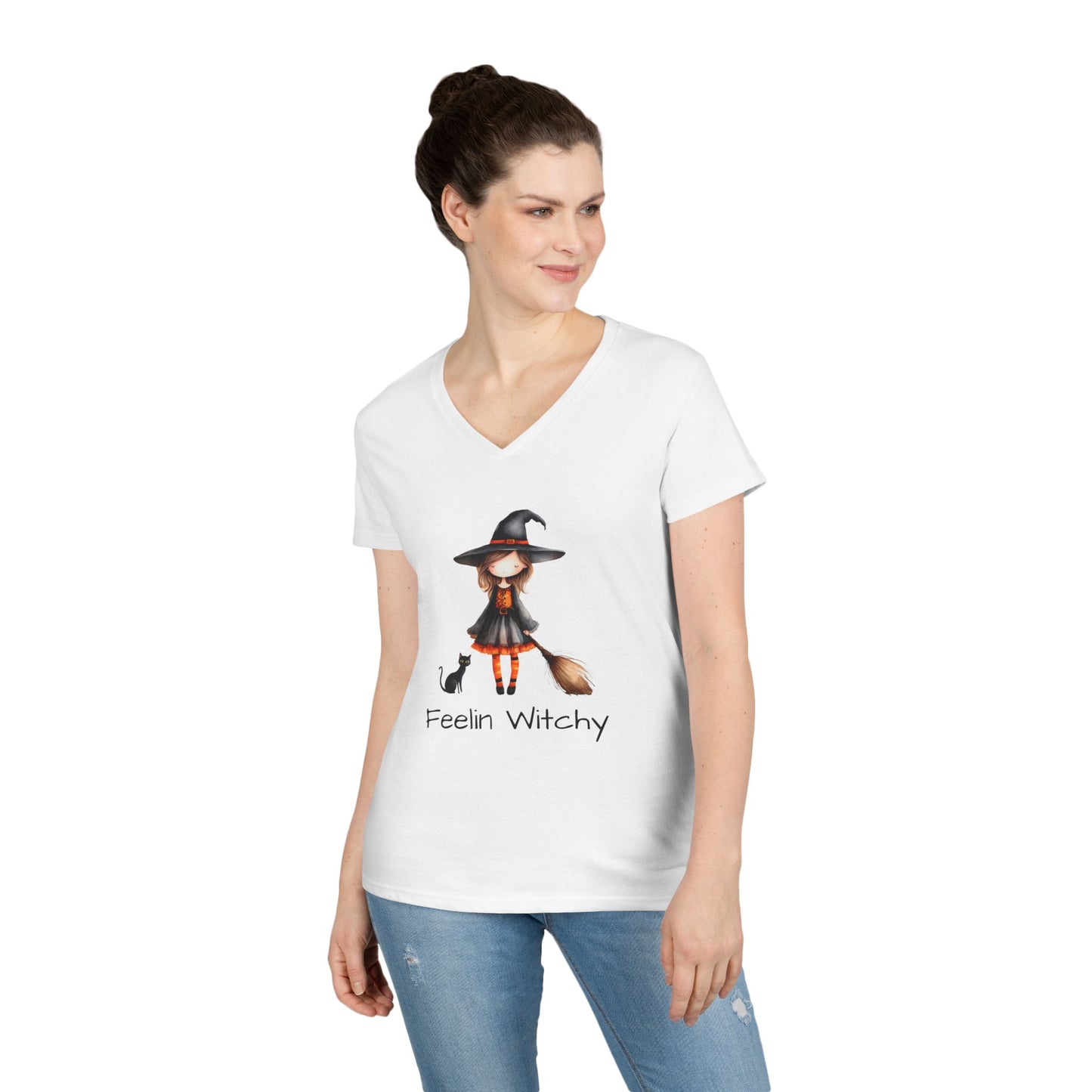 Feelin Witchy Ladies' V-Neck T-Shirt, Cute Halloween Top, Witchy Apparel, Fall Fashion, Casual Tees, Spooky Season Style