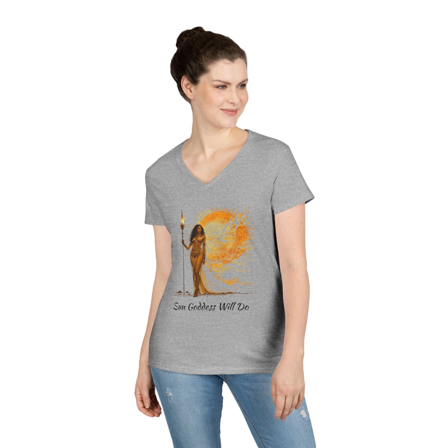 Ladies' V-Neck T-Shirt - Sun Goddess Will Do, Summer Vibes Tee, Boho Style Shirt, Spiritual Gift, Festival Outfit