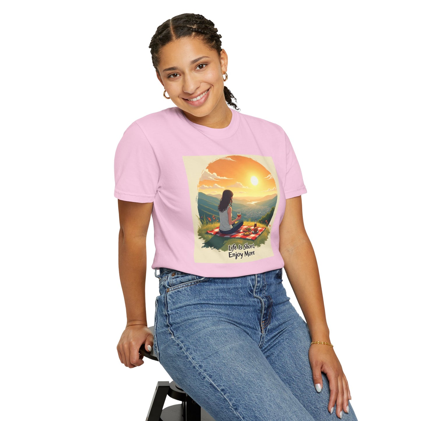 Sunset Meditation T-Shirt | Life is Short Enjoy More Tee, Unisex Cotton Shirt, Relaxation Apparel, Birthday Gift, Mindfulness Clothing