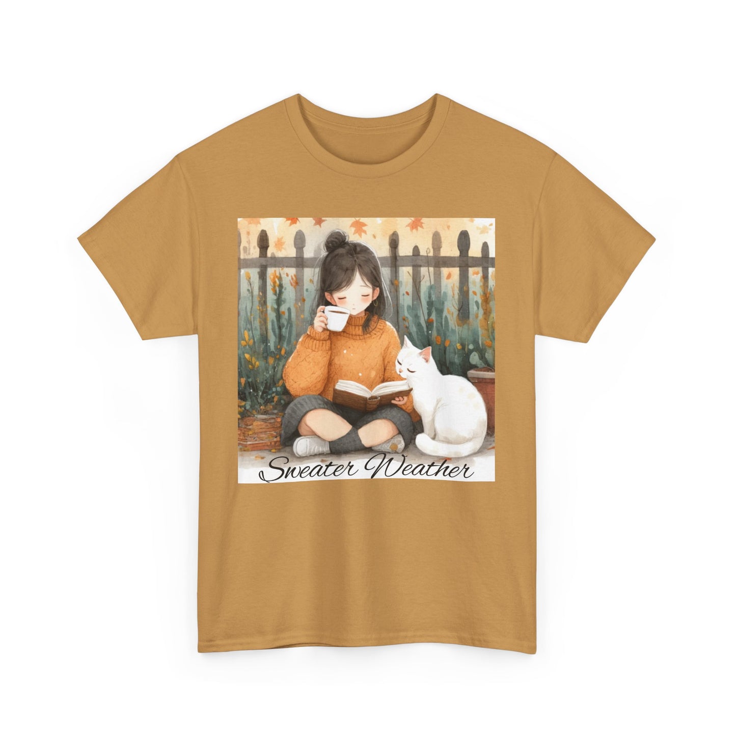 Cozy Reading Tee, Sweater Weather T-Shirt, Unisex Cotton Tee, Fall Fashion Shirt, Cat Lover Gift, Autumn Vibe Top