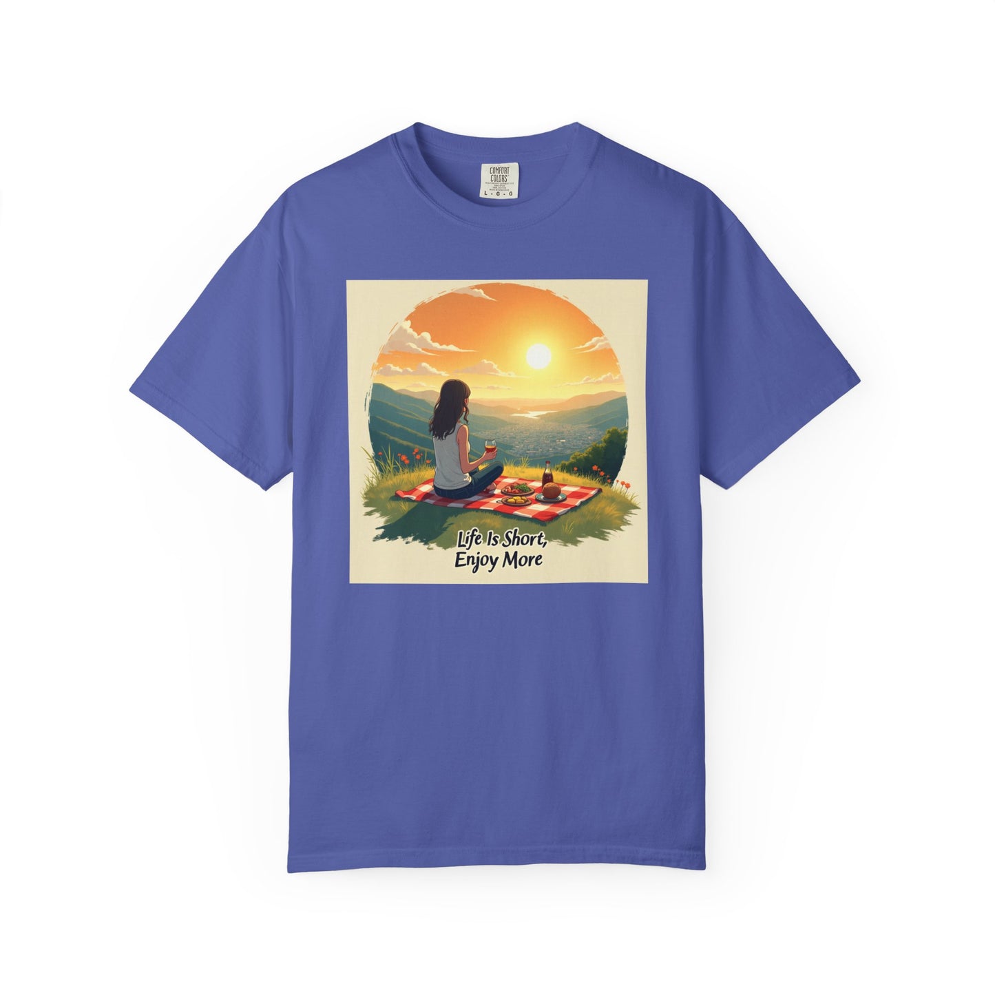 Sunset Meditation T-Shirt | Life is Short Enjoy More Tee, Unisex Cotton Shirt, Relaxation Apparel, Birthday Gift, Mindfulness Clothing