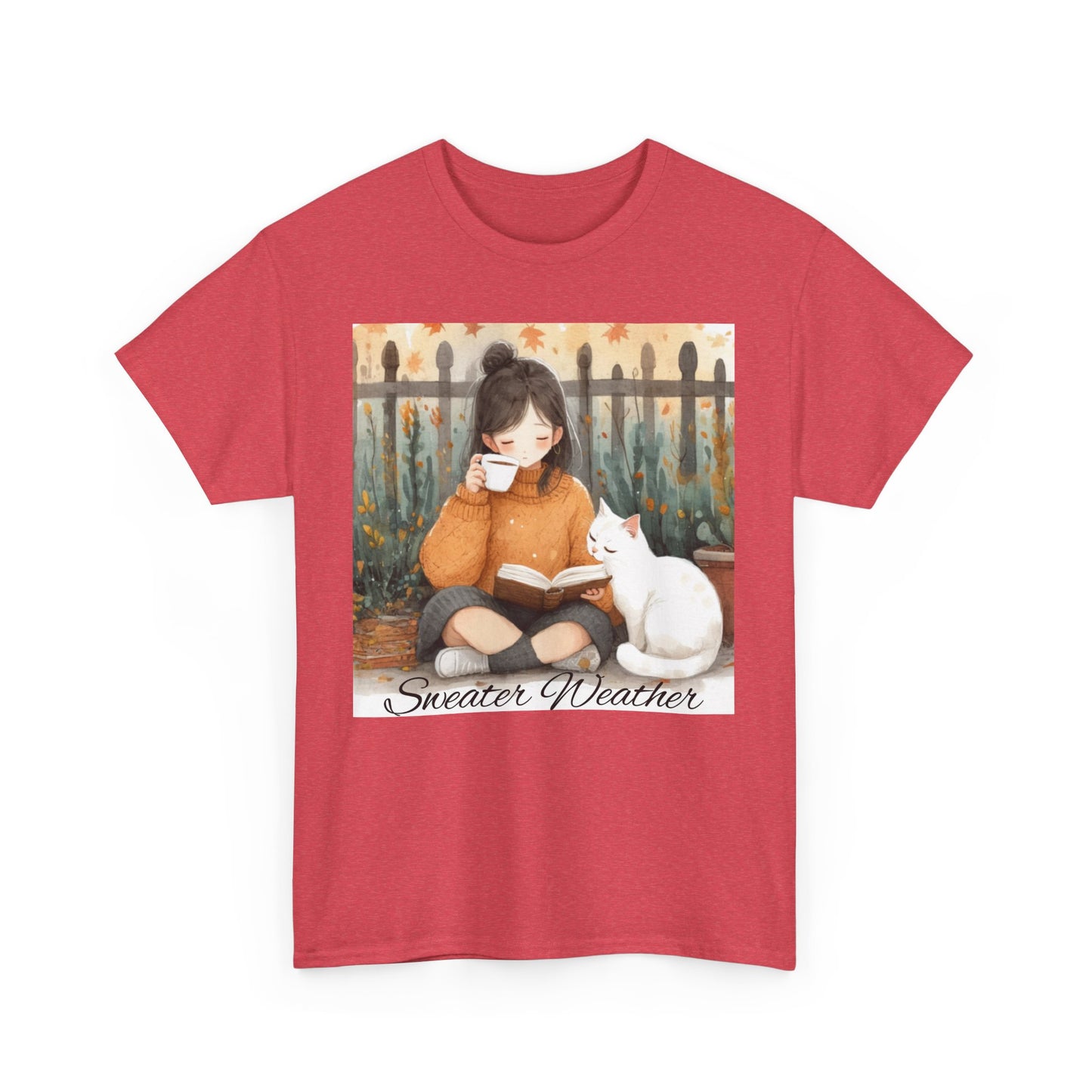 Cozy Reading Tee, Sweater Weather T-Shirt, Unisex Cotton Tee, Fall Fashion Shirt, Cat Lover Gift, Autumn Vibe Top