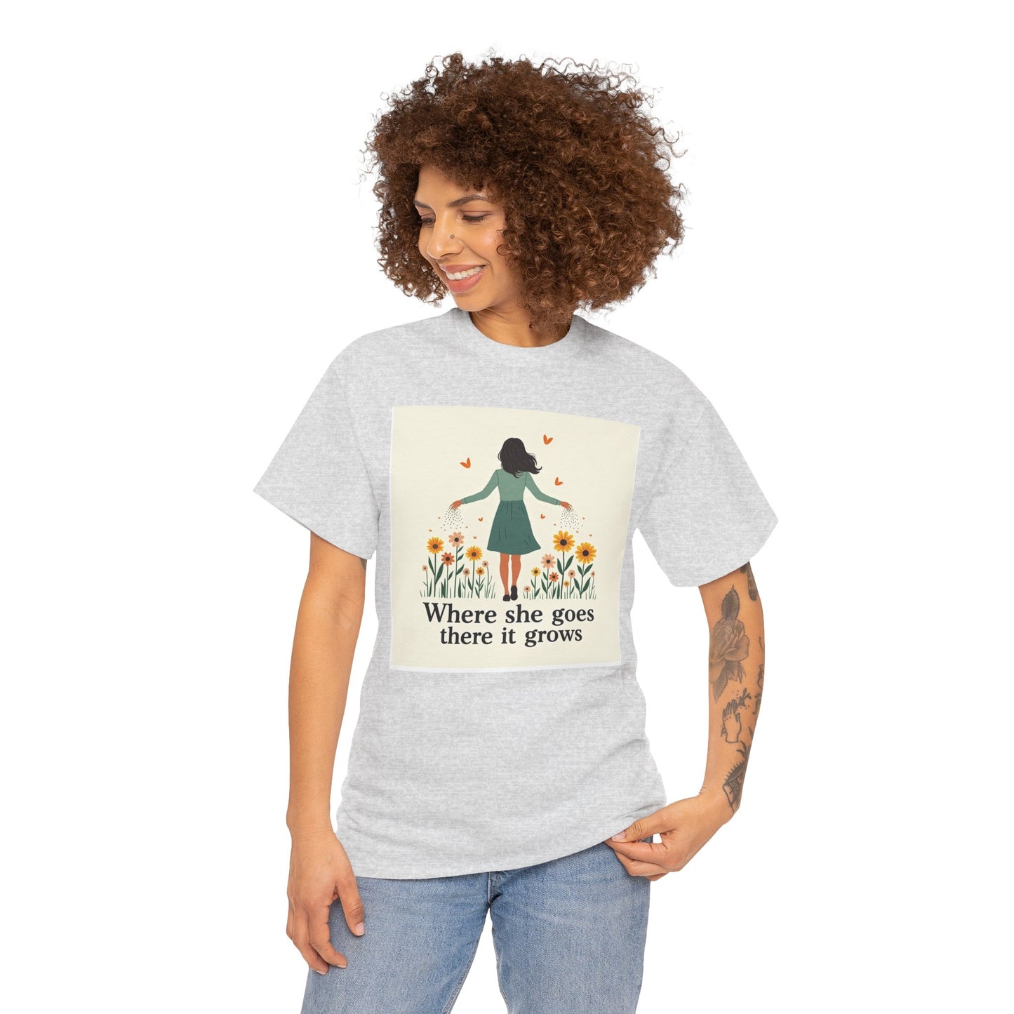 Floral Inspirational Tee: Where She Goes, Unisex Heavy Cotton Tee, Casual Wear, Gift for Her, Spring Fashion, Everyday Comfort
