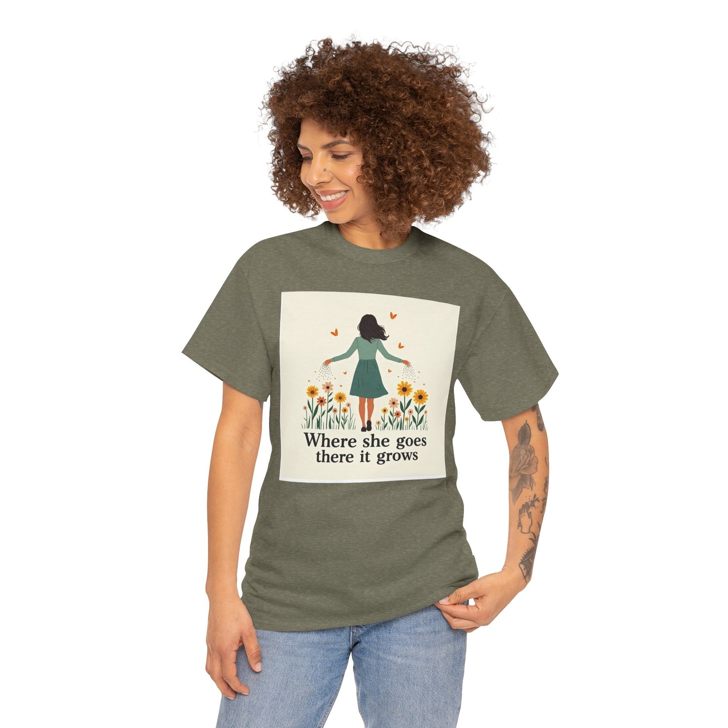 Floral Inspirational Tee: Where She Goes, Unisex Heavy Cotton Tee, Casual Wear, Gift for Her, Spring Fashion, Everyday Comfort
