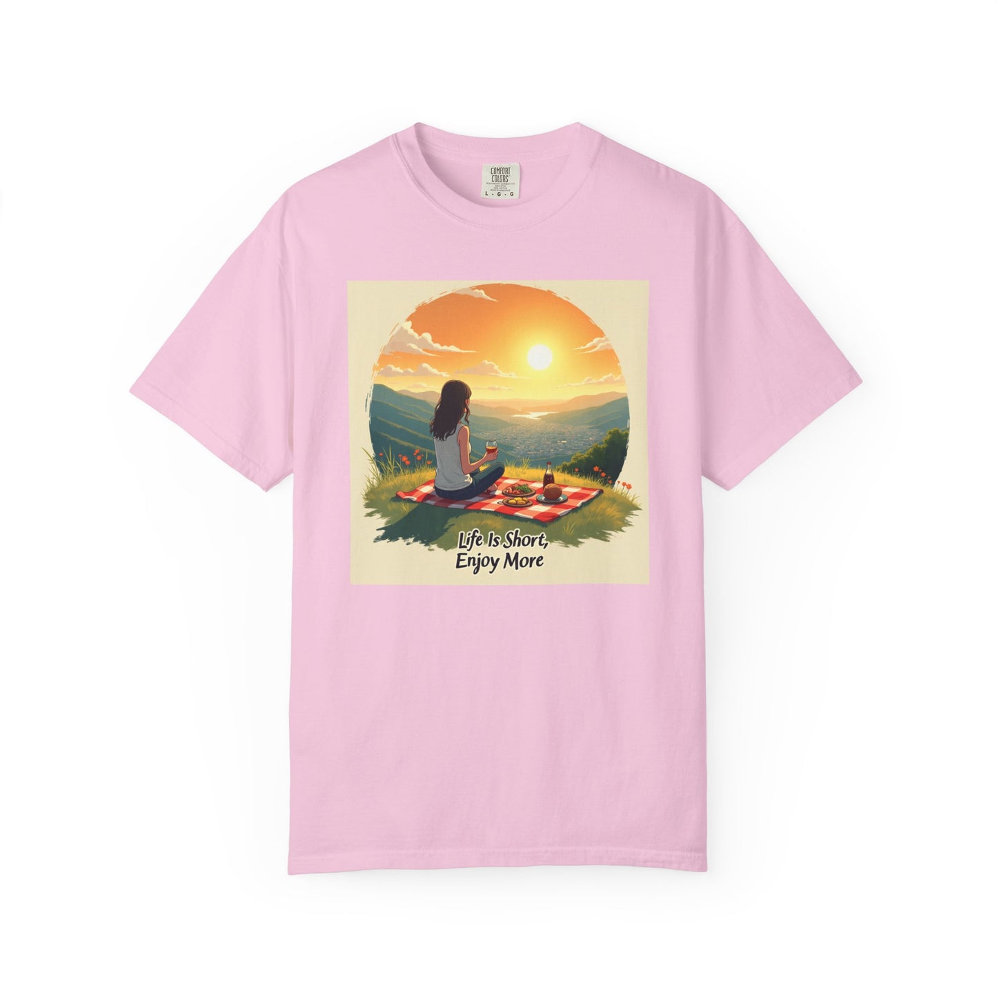 Sunset Meditation T-Shirt | Life is Short Enjoy More Tee, Unisex Cotton Shirt, Relaxation Apparel, Birthday Gift, Mindfulness Clothing