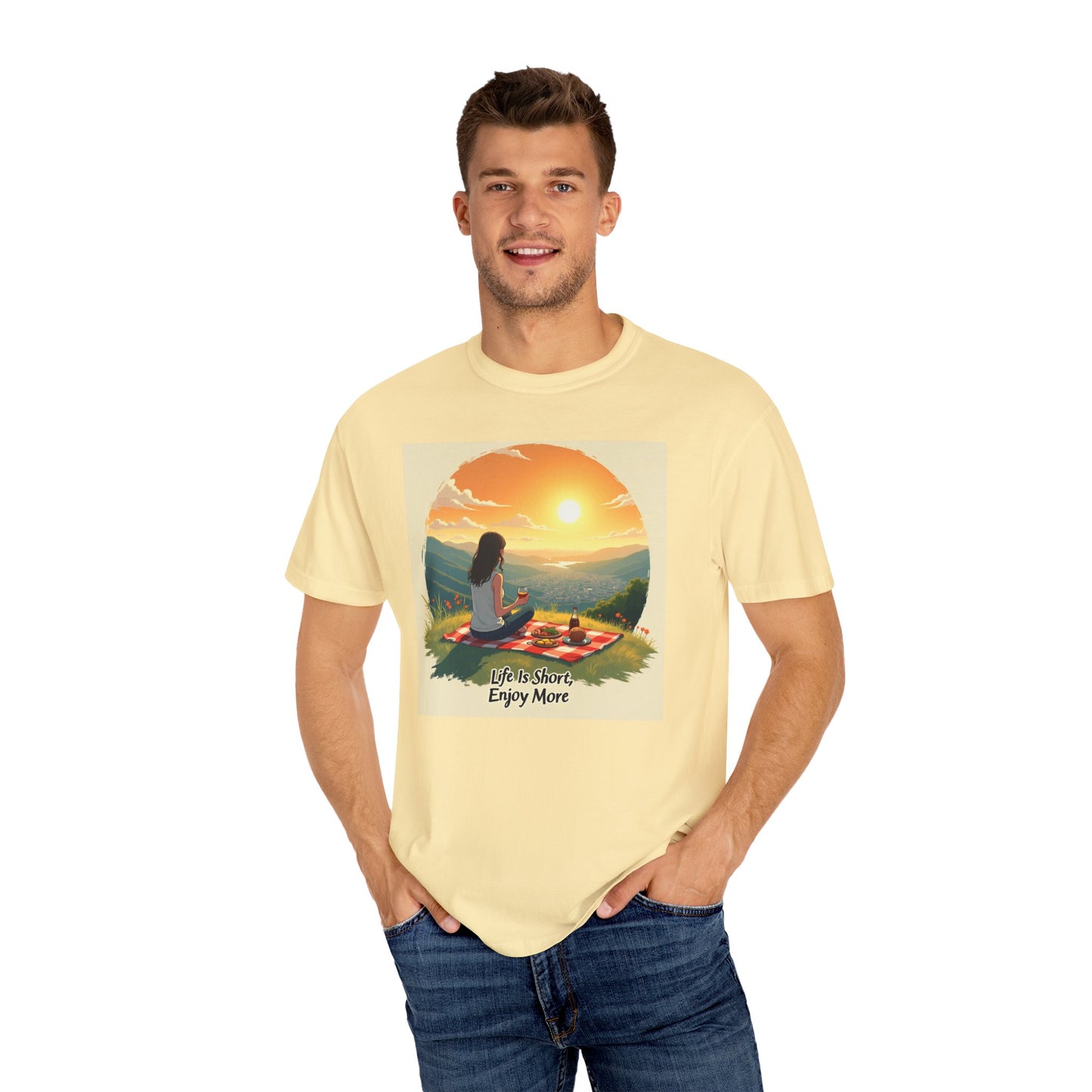 Sunset Meditation T-Shirt | Life is Short Enjoy More Tee, Unisex Cotton Shirt, Relaxation Apparel, Birthday Gift, Mindfulness Clothing