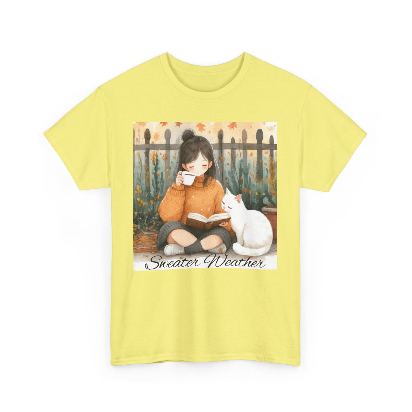 Cozy Reading Tee, Sweater Weather T-Shirt, Unisex Cotton Tee, Fall Fashion Shirt, Cat Lover Gift, Autumn Vibe Top