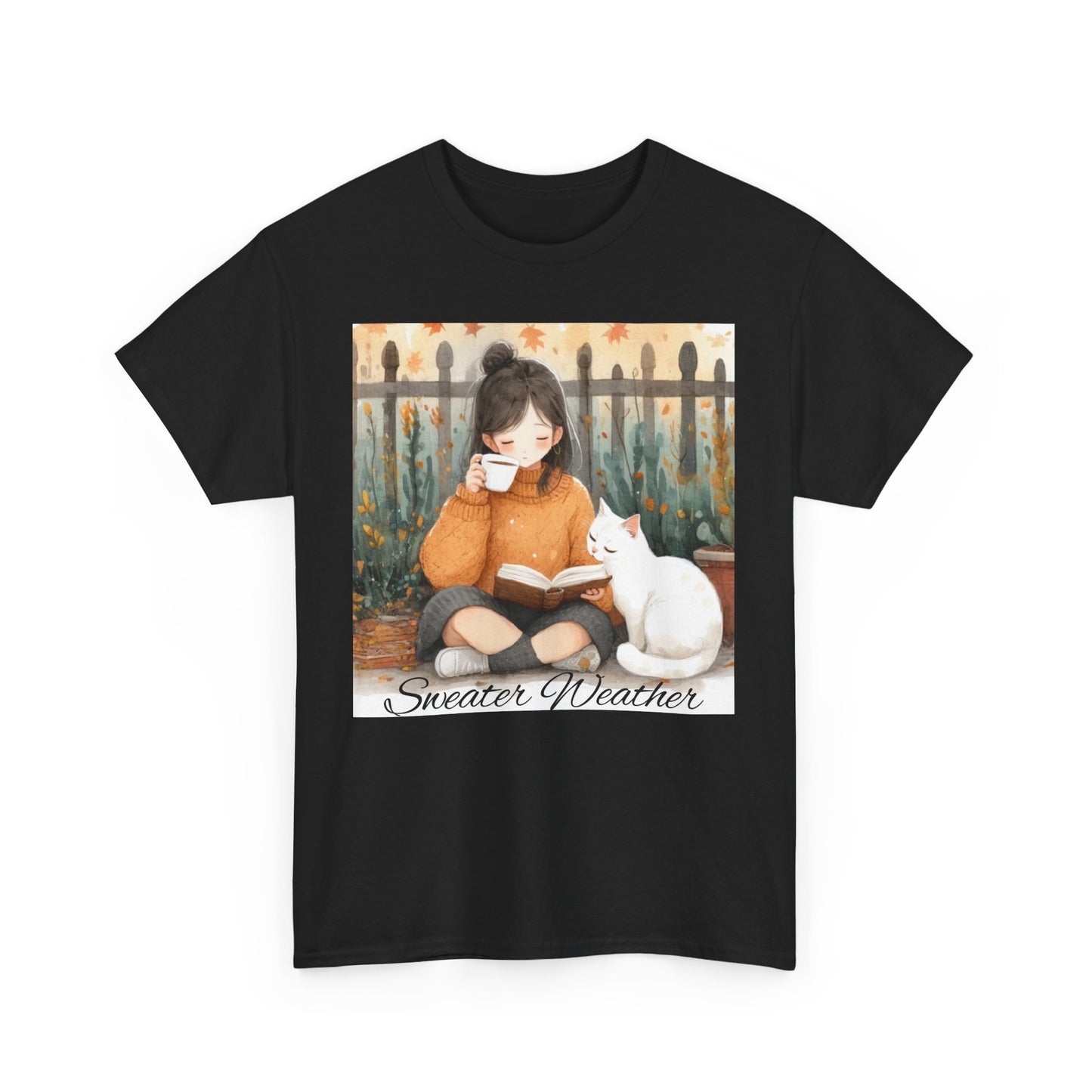 Cozy Reading Tee, Sweater Weather T-Shirt, Unisex Cotton Tee, Fall Fashion Shirt, Cat Lover Gift, Autumn Vibe Top