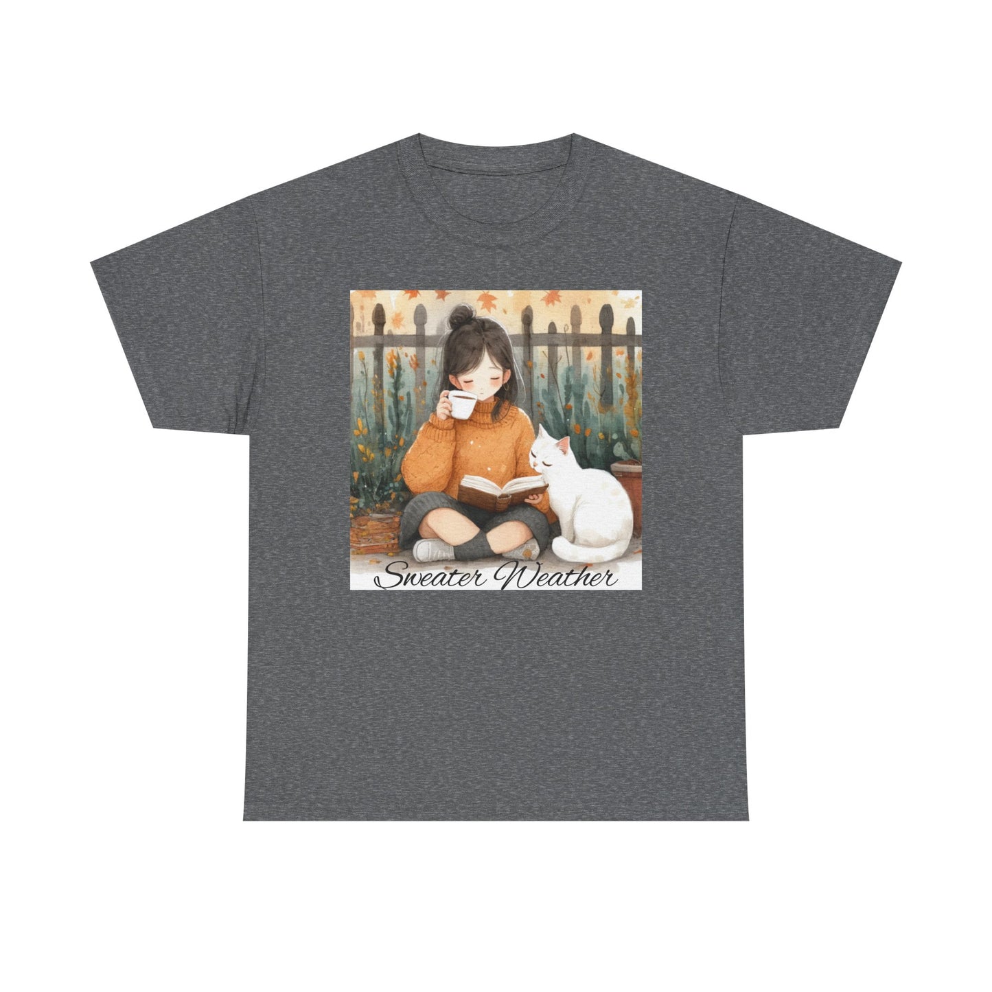 Cozy Reading Tee, Sweater Weather T-Shirt, Unisex Cotton Tee, Fall Fashion Shirt, Cat Lover Gift, Autumn Vibe Top