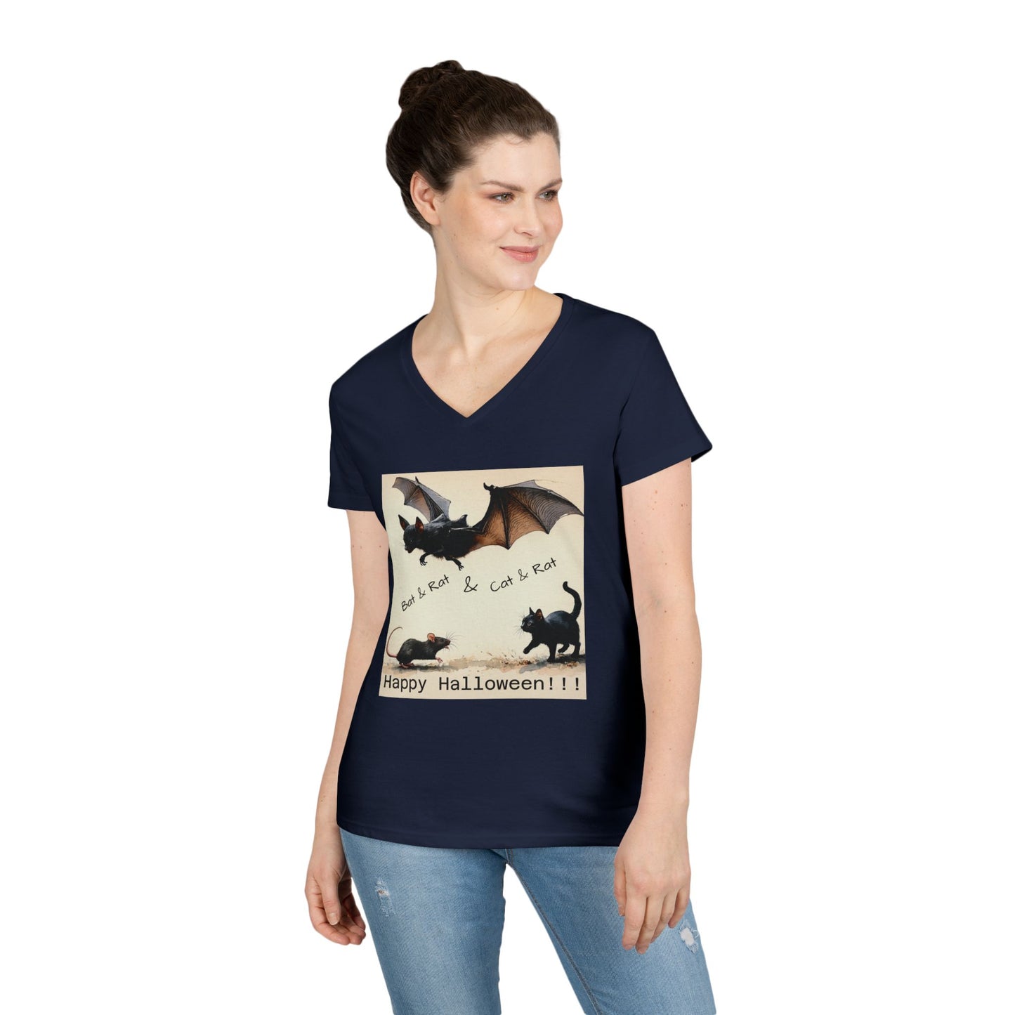 Novelty Tee Halloween Cat & Bat V-Neck Tee, Women's Halloween Shirt, Spooky Graphic Tee, Cute Halloween Outfit