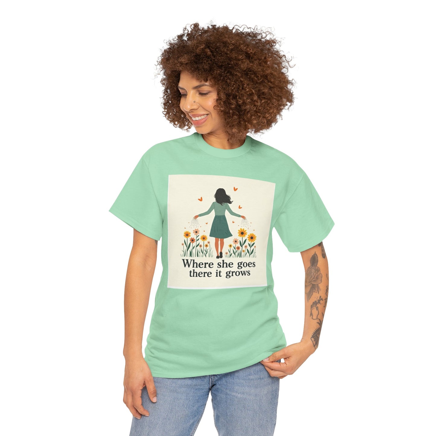 Floral Inspirational Tee: Where She Goes, Unisex Heavy Cotton Tee, Casual Wear, Gift for Her, Spring Fashion, Everyday Comfort