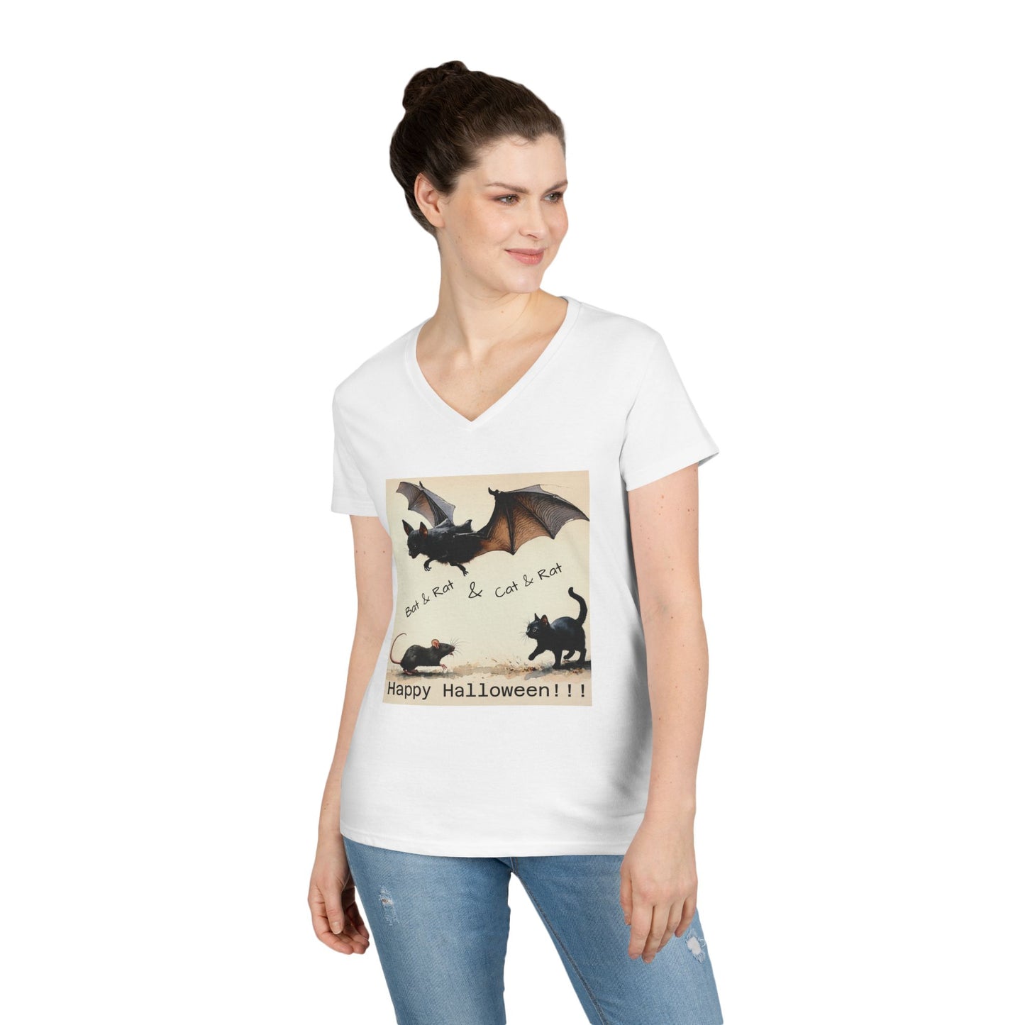 Novelty Tee Halloween Cat & Bat V-Neck Tee, Women's Halloween Shirt, Spooky Graphic Tee, Cute Halloween Outfit