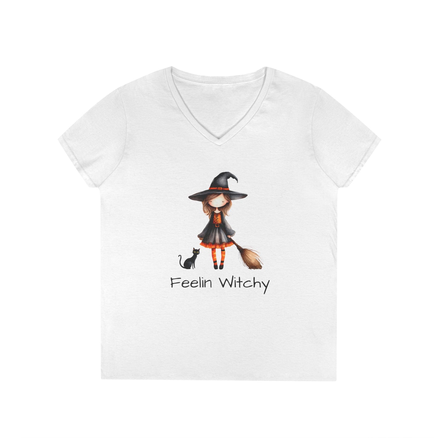 Feelin Witchy Ladies' V-Neck T-Shirt, Cute Halloween Top, Witchy Apparel, Fall Fashion, Casual Tees, Spooky Season Style