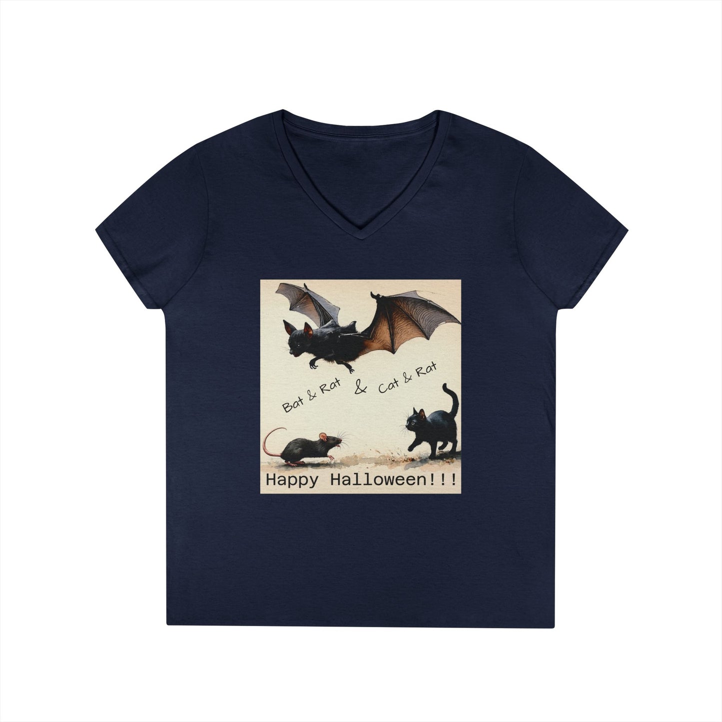 Novelty Tee Halloween Cat & Bat V-Neck Tee, Women's Halloween Shirt, Spooky Graphic Tee, Cute Halloween Outfit