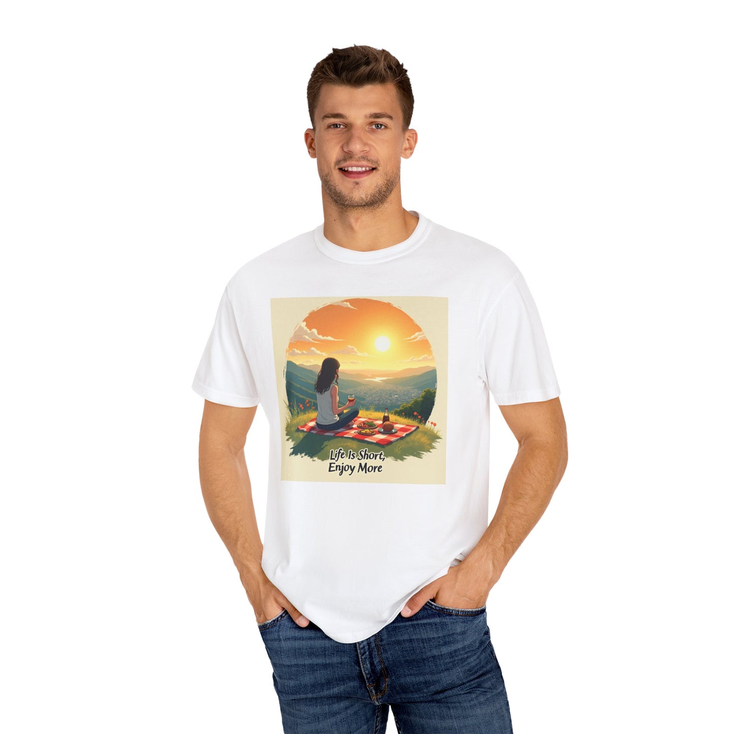Sunset Meditation T-Shirt | Life is Short Enjoy More Tee, Unisex Cotton Shirt, Relaxation Apparel, Birthday Gift, Mindfulness Clothing