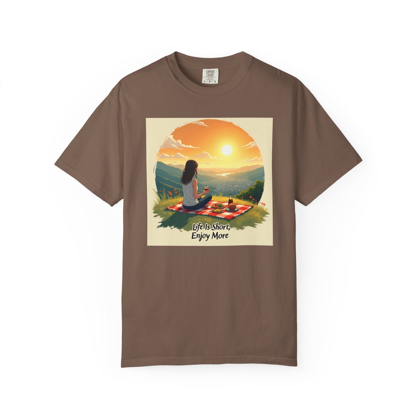 Sunset Meditation T-Shirt | Life is Short Enjoy More Tee, Unisex Cotton Shirt, Relaxation Apparel, Birthday Gift, Mindfulness Clothing
