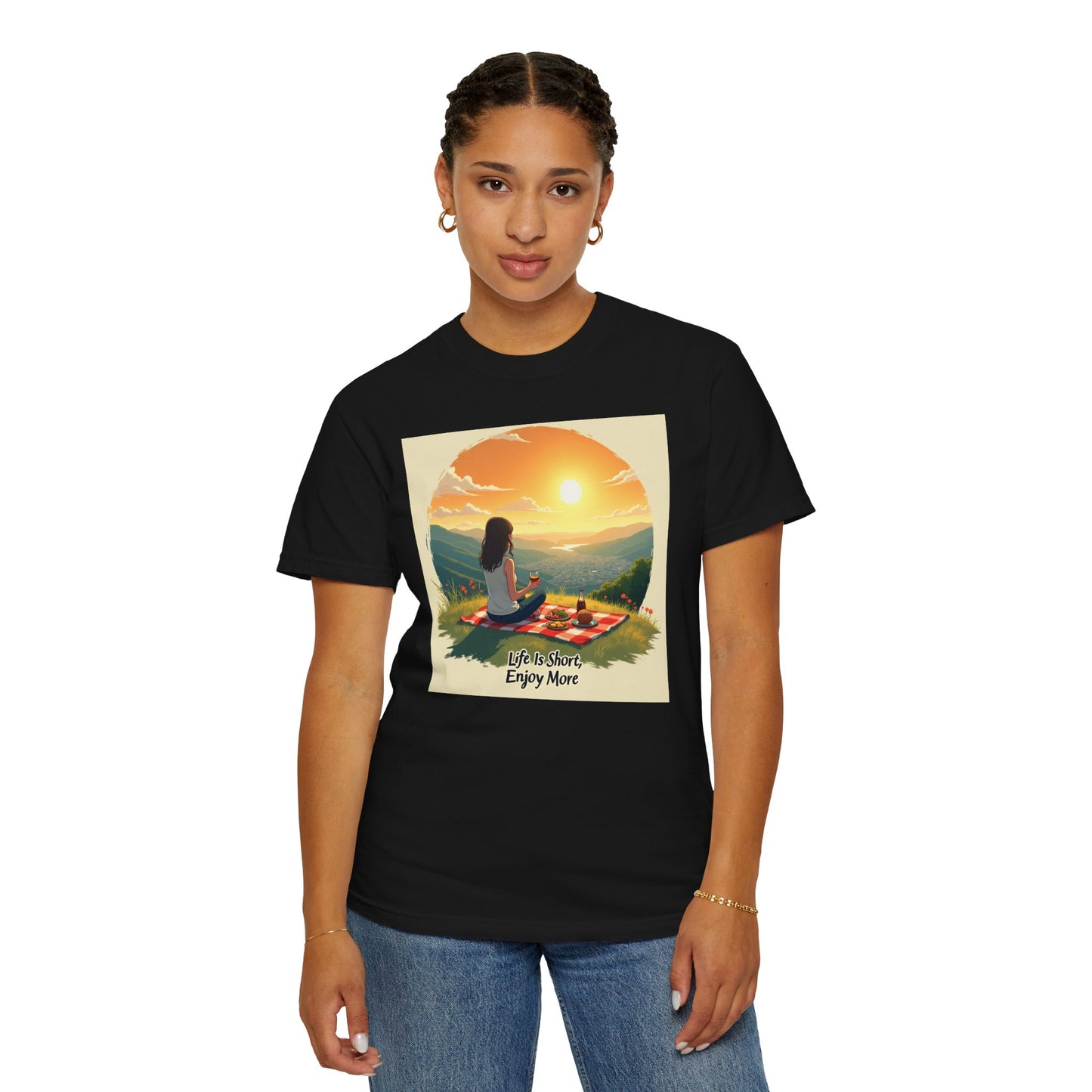 Sunset Meditation T-Shirt | Life is Short Enjoy More Tee, Unisex Cotton Shirt, Relaxation Apparel, Birthday Gift, Mindfulness Clothing