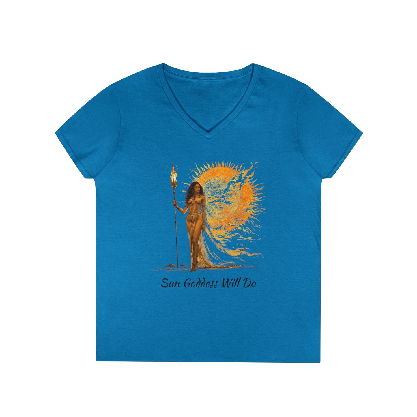 Ladies' V-Neck T-Shirt - Sun Goddess Will Do, Summer Vibes Tee, Boho Style Shirt, Spiritual Gift, Festival Outfit