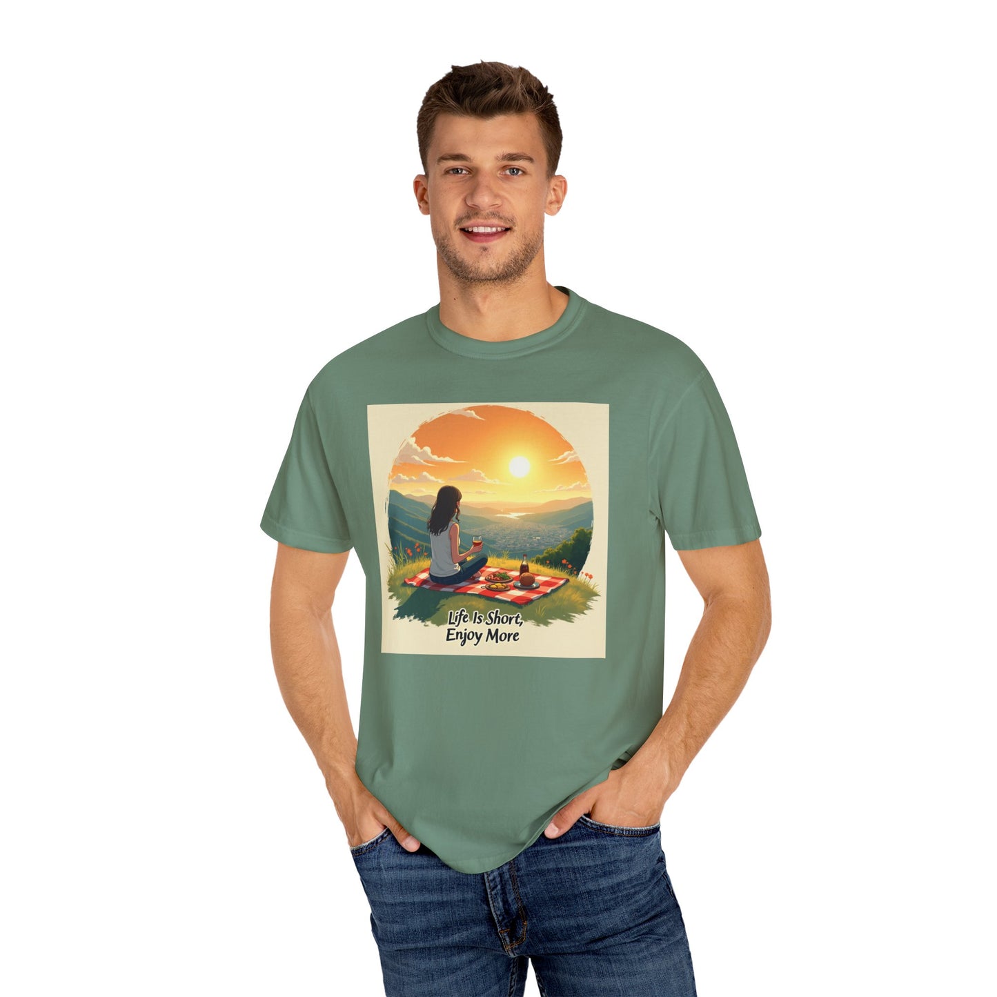 Sunset Meditation T-Shirt | Life is Short Enjoy More Tee, Unisex Cotton Shirt, Relaxation Apparel, Birthday Gift, Mindfulness Clothing