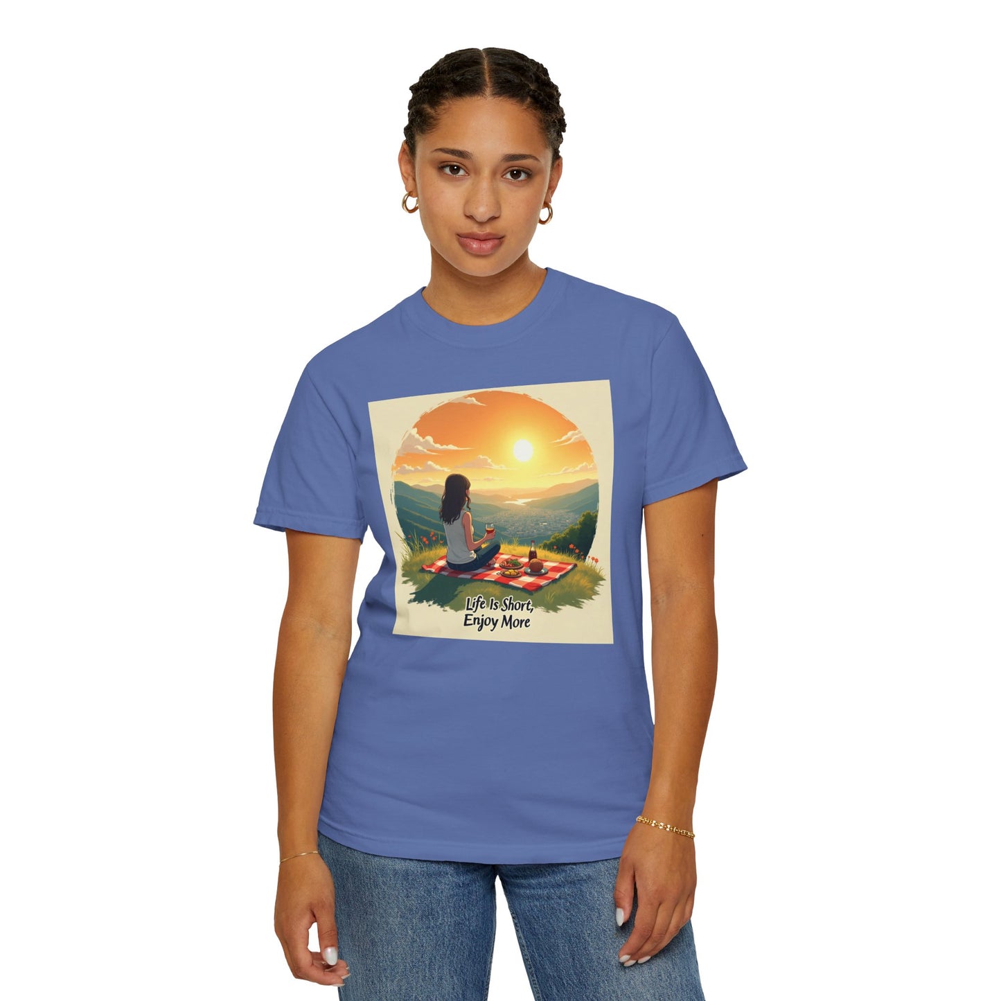 Sunset Meditation T-Shirt | Life is Short Enjoy More Tee, Unisex Cotton Shirt, Relaxation Apparel, Birthday Gift, Mindfulness Clothing