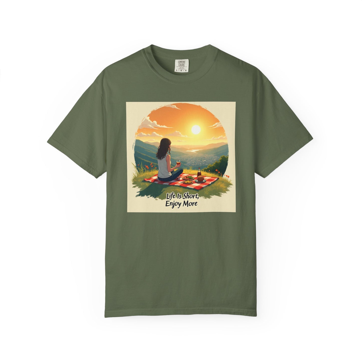 Sunset Meditation T-Shirt | Life is Short Enjoy More Tee, Unisex Cotton Shirt, Relaxation Apparel, Birthday Gift, Mindfulness Clothing