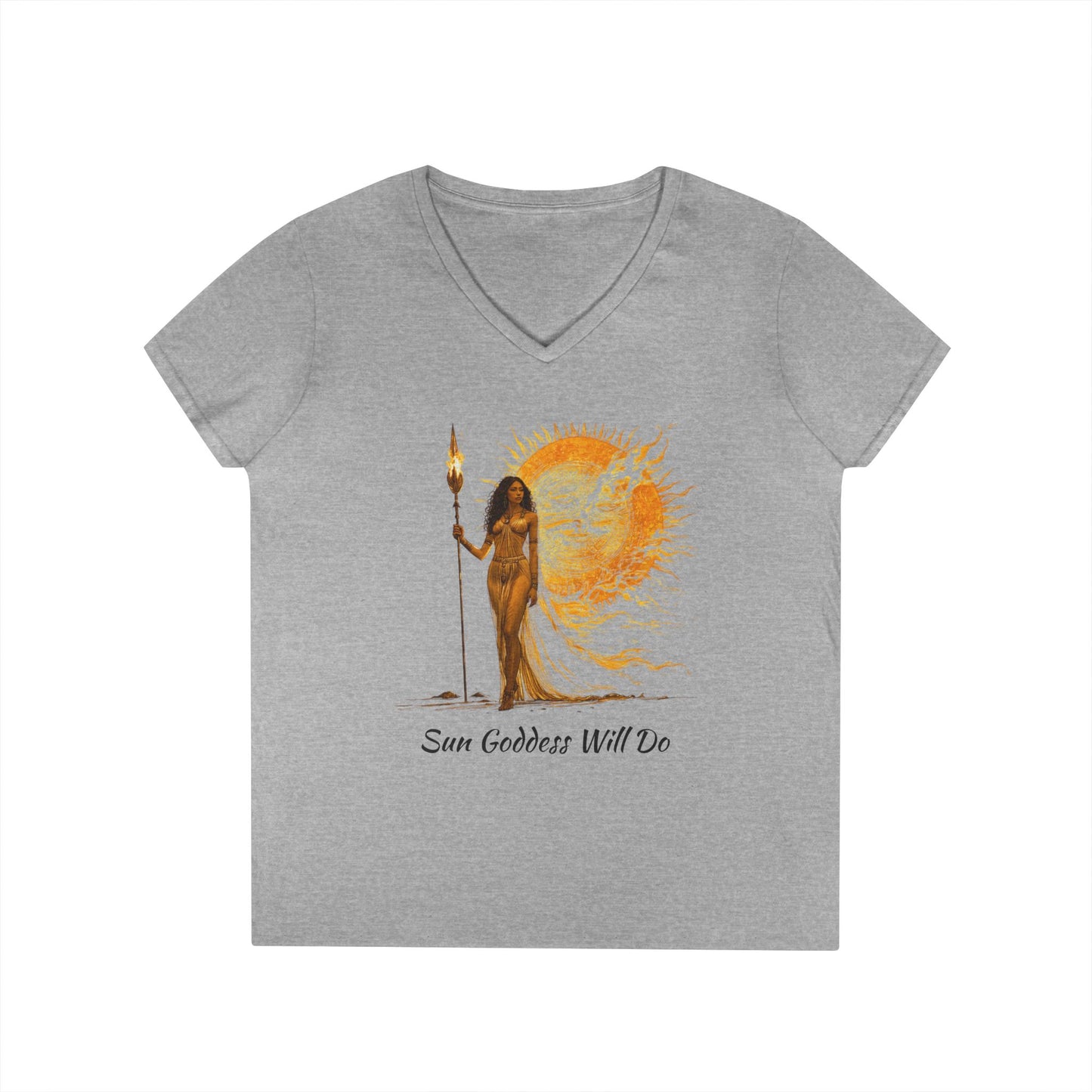 Ladies' V-Neck T-Shirt - Sun Goddess Will Do, Summer Vibes Tee, Boho Style Shirt, Spiritual Gift