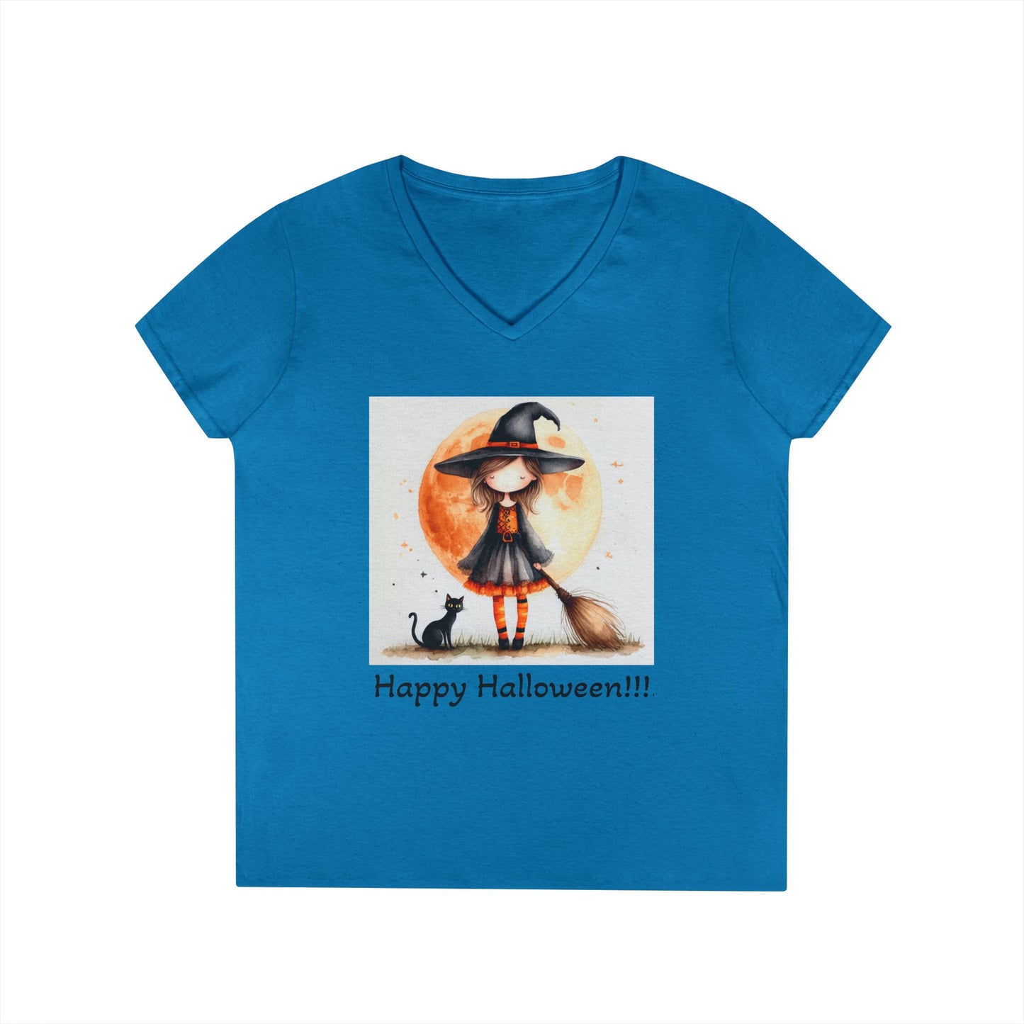 Happy Halloween Ladies' V-Neck T-Shirt | Cute Witch Graphic Tee, Halloween Costume Top, Spooky Season