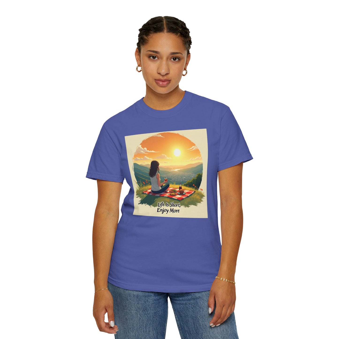Sunset Meditation T-Shirt | Life is Short Enjoy More Tee, Unisex Cotton Shirt, Relaxation Apparel, Birthday Gift, Mindfulness Clothing