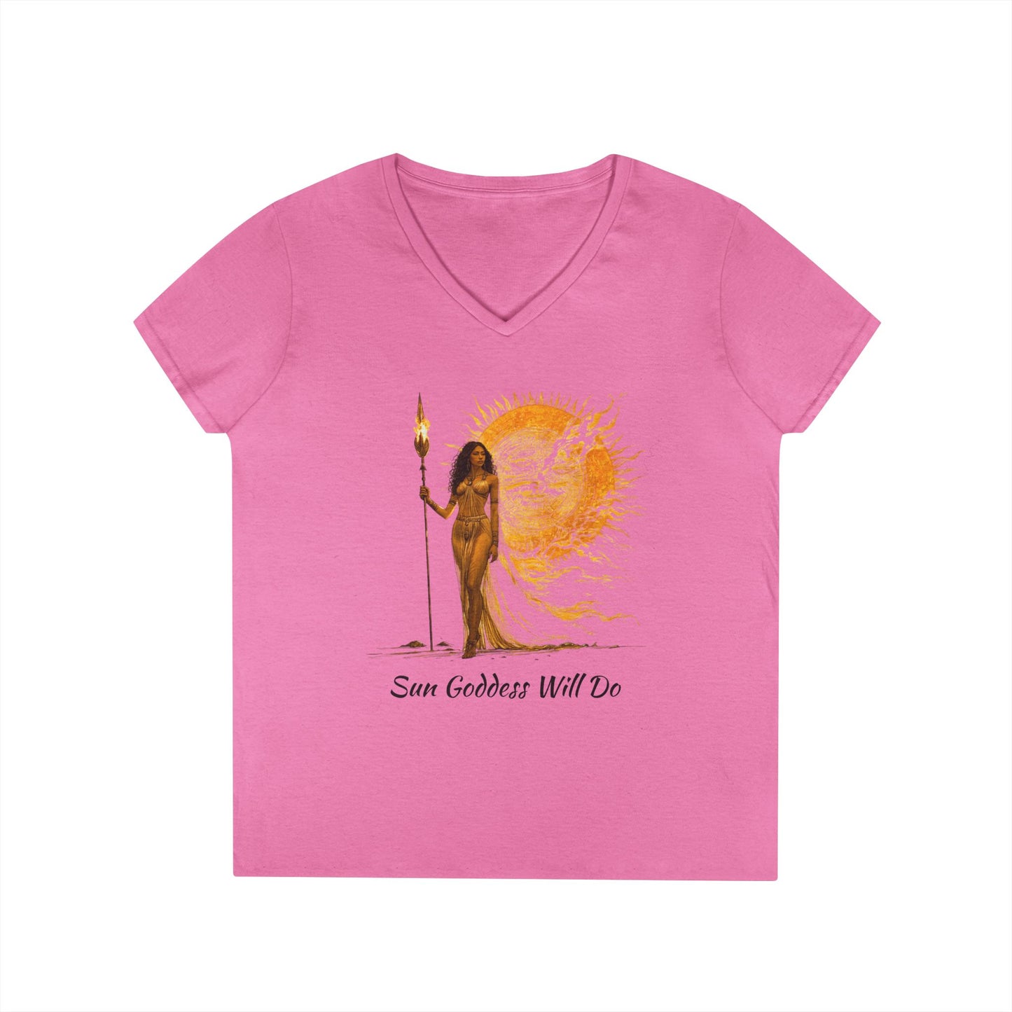 Ladies' V-Neck T-Shirt - Sun Goddess Will Do, Summer Vibes Tee, Boho Style Shirt, Spiritual Gift