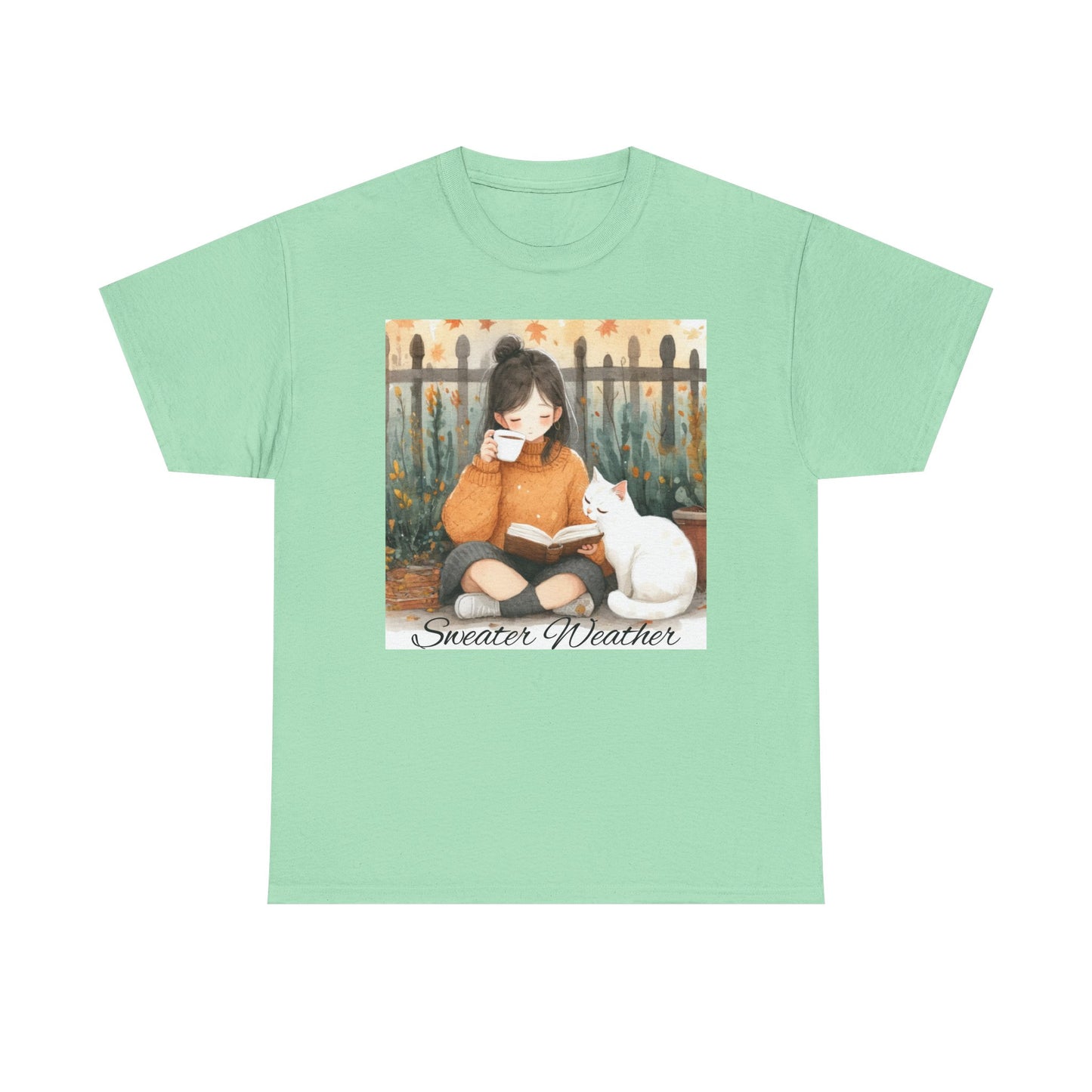 Cozy Reading Tee, Sweater Weather T-Shirt, Unisex Cotton Tee, Fall Fashion Shirt, Cat Lover Gift, Autumn Vibe Top