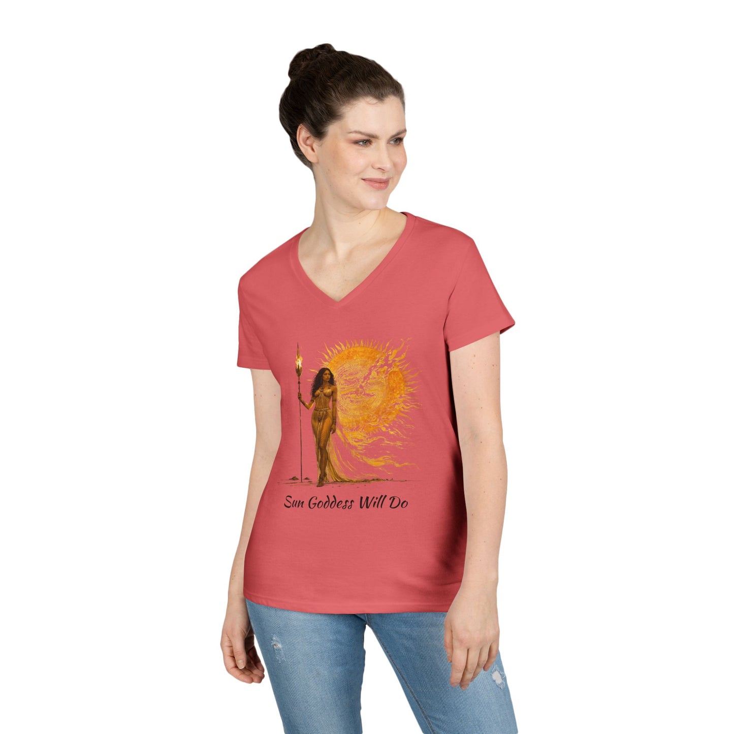 Ladies' V-Neck T-Shirt - Sun Goddess Will Do, Summer Vibes Tee, Boho Style Shirt, Spiritual Gift, Festival Outfit