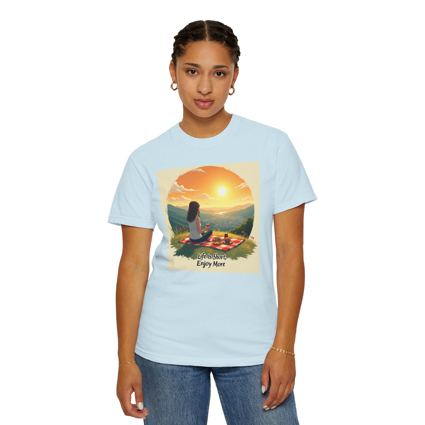 Sunset Meditation T-Shirt | Life is Short Enjoy More Tee, Unisex Cotton Shirt, Relaxation Apparel, Birthday Gift, Mindfulness Clothing