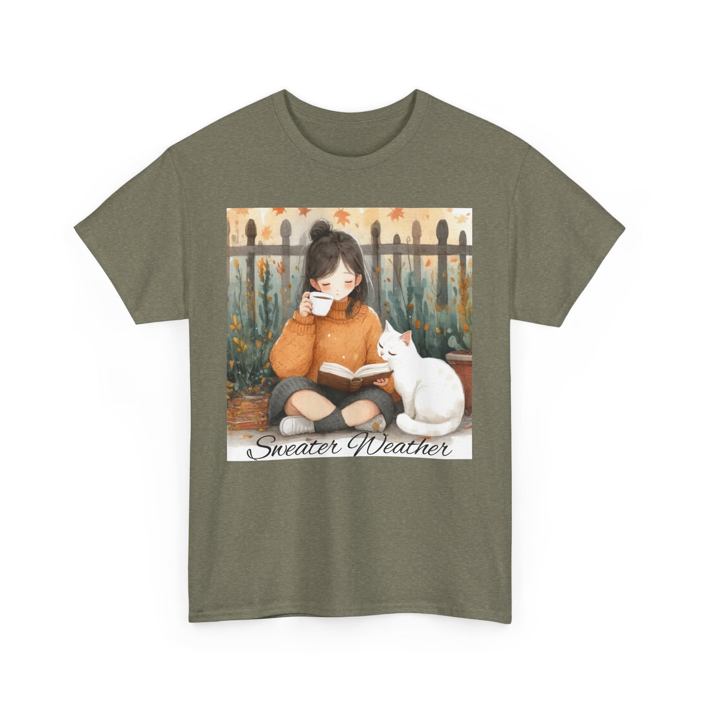 Cozy Reading Tee, Sweater Weather T-Shirt, Unisex Cotton Tee, Fall Fashion Shirt, Cat Lover Gift, Autumn Vibe Top
