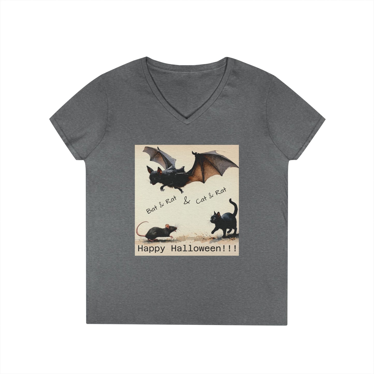 Halloween Cat & Bat V-Neck Tee, Women's Halloween Shirt, Spooky Graphic Tee, Cute Halloween Outfit, Fall Fashion Top