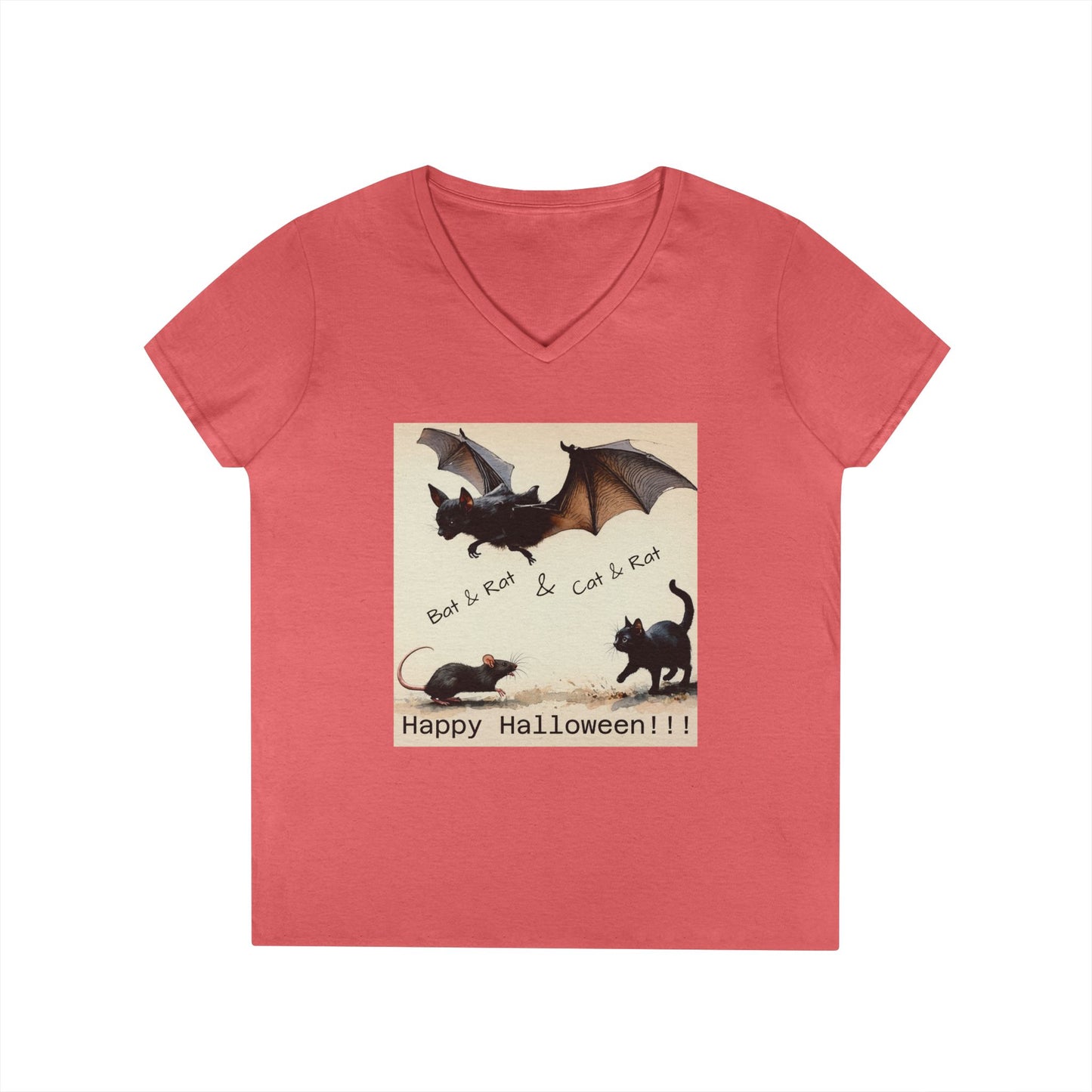 Novelty Tee Halloween Cat & Bat V-Neck Tee, Women's Halloween Shirt, Spooky Graphic Tee, Cute Halloween Outfit
