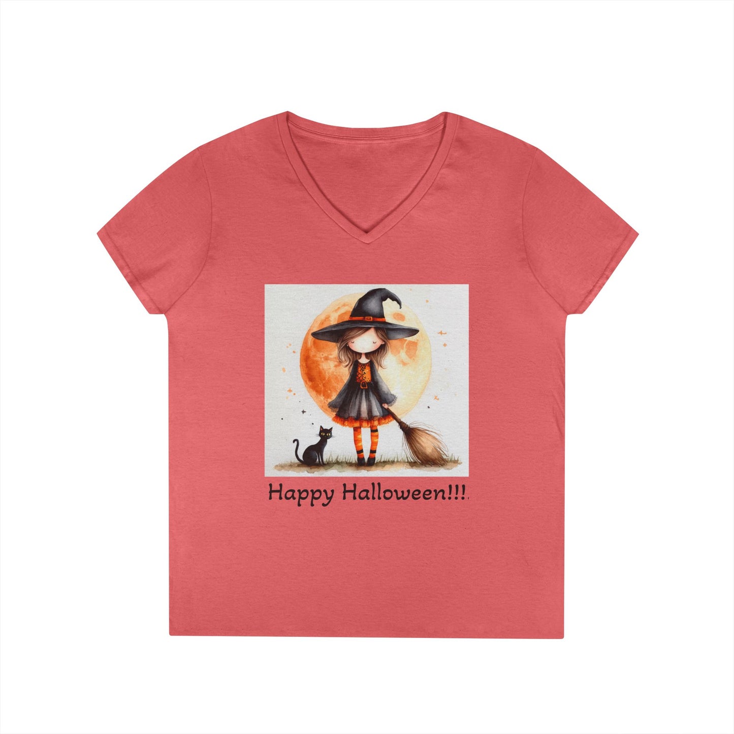 Happy Halloween Ladies' V-Neck T-Shirt | Cute Witch Graphic Tee, Halloween Costume Top, Spooky Season