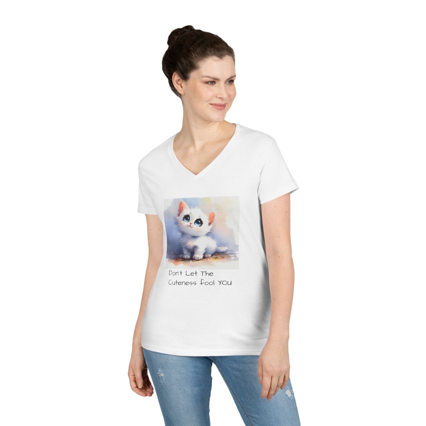 Cute Cat V-Neck T-Shirt, Funny Pet Lover Tee, Gift for Cat Moms, Animal Lover Apparel, Humor for Birthdays, Everyday Wear