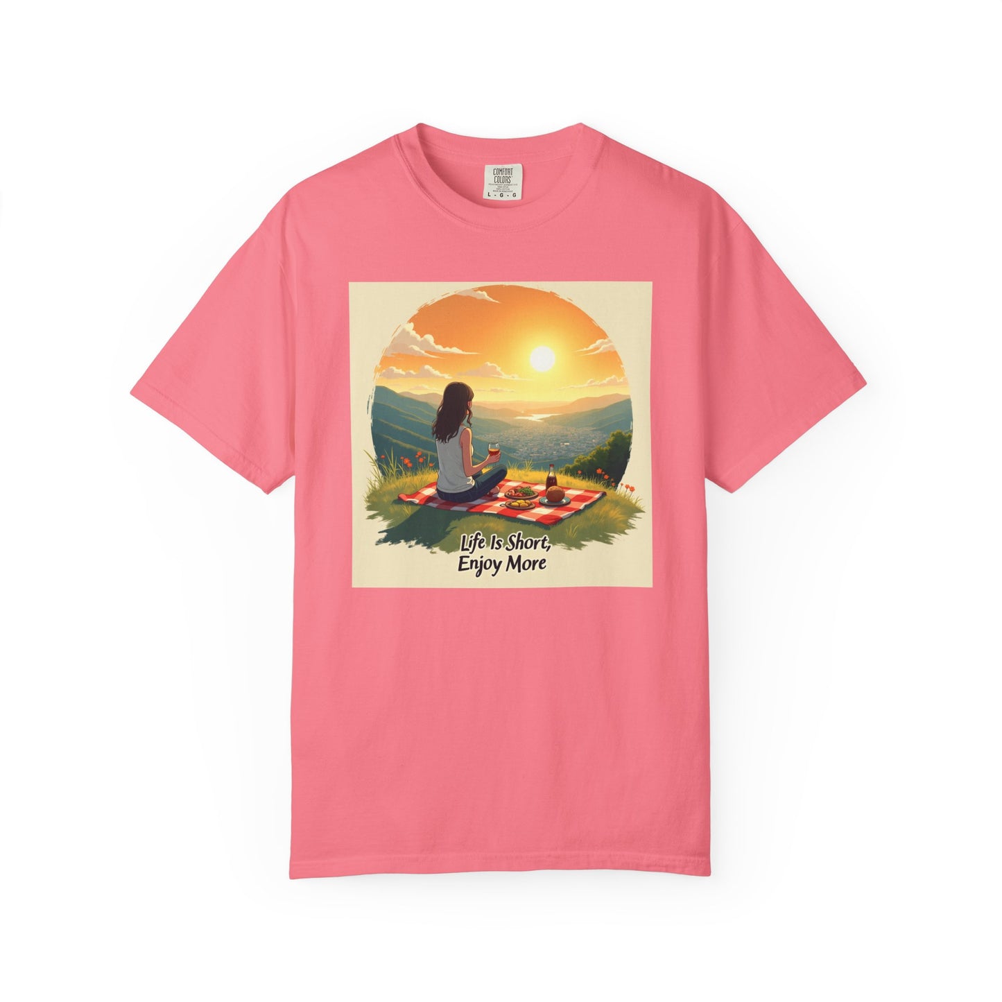 Sunset Meditation T-Shirt | Life is Short Enjoy More Tee, Unisex Cotton Shirt, Relaxation Apparel, Birthday Gift, Mindfulness Clothing