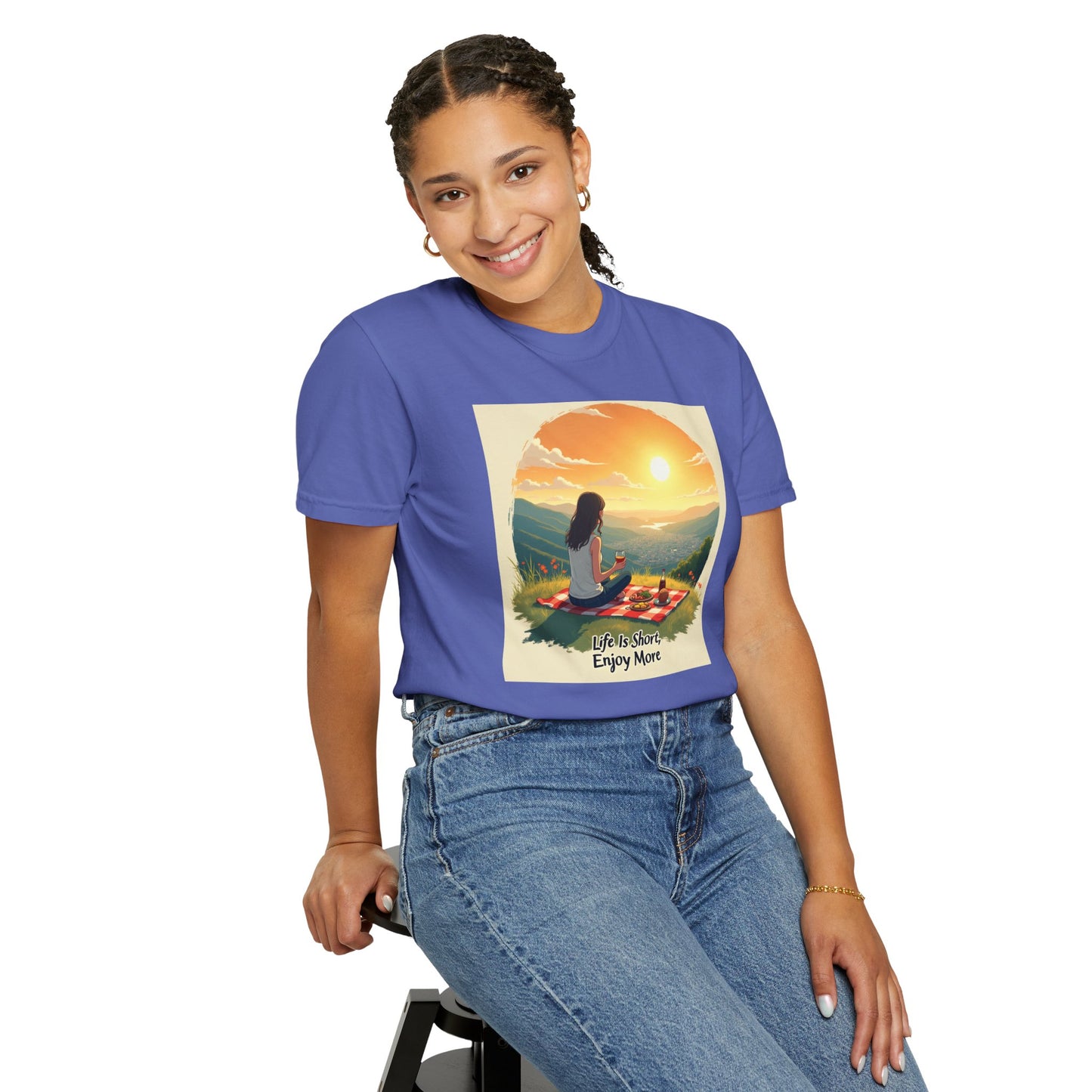 Sunset Meditation T-Shirt | Life is Short Enjoy More Tee, Unisex Cotton Shirt, Relaxation Apparel, Birthday Gift, Mindfulness Clothing