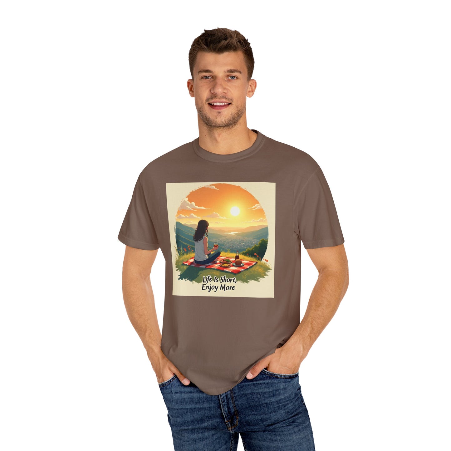 Sunset Meditation T-Shirt | Life is Short Enjoy More Tee, Unisex Cotton Shirt, Relaxation Apparel, Birthday Gift, Mindfulness Clothing