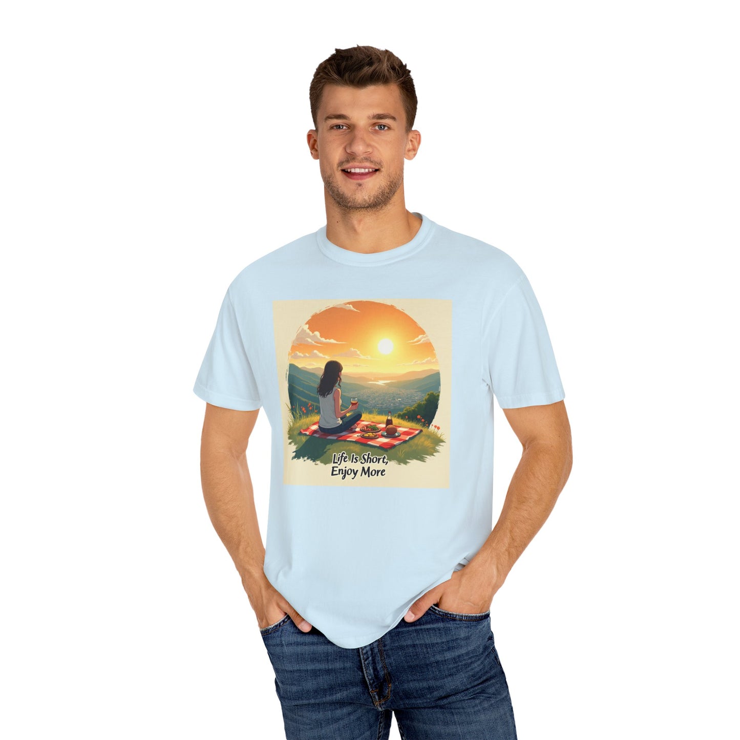 Sunset Meditation T-Shirt | Life is Short Enjoy More Tee, Unisex Cotton Shirt, Relaxation Apparel, Birthday Gift, Mindfulness Clothing