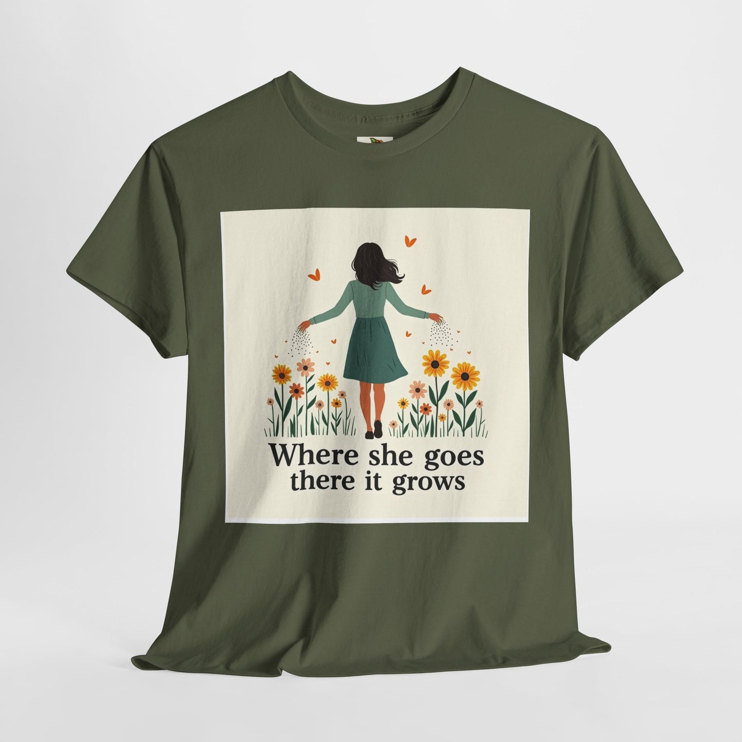 Floral Inspirational Tee: Where She Goes, Unisex Heavy Cotton Tee, Casual Wear, Gift for Her, Spring Fashion, Everyday Comfort