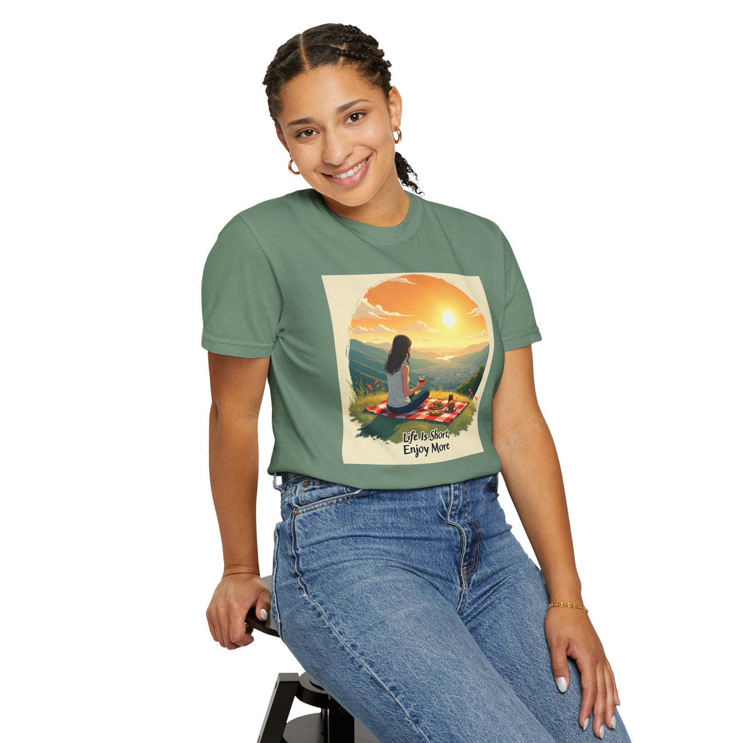 Sunset Meditation T-Shirt | Life is Short Enjoy More Tee, Unisex Cotton Shirt, Relaxation Apparel, Birthday Gift, Mindfulness Clothing