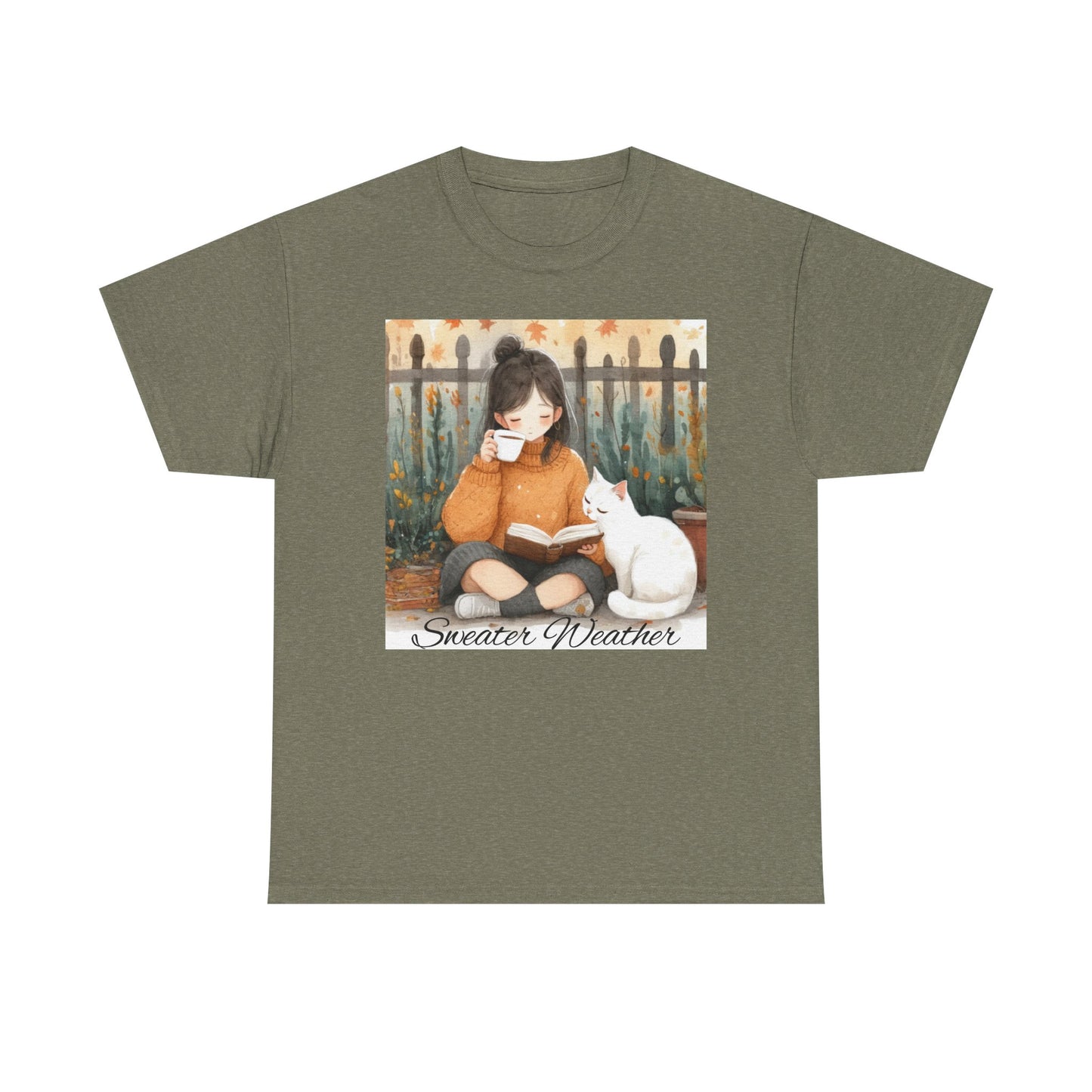 Cozy Reading Tee, Sweater Weather T-Shirt, Unisex Cotton Tee, Fall Fashion Shirt, Cat Lover Gift, Autumn Vibe Top