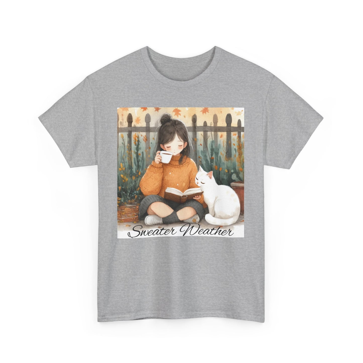 Cozy Reading Tee, Sweater Weather T-Shirt, Unisex Cotton Tee, Fall Fashion Shirt, Cat Lover Gift, Autumn Vibe Top